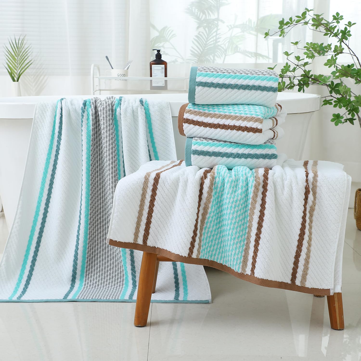 Pidada Bath Hand Towel Set Of 3 Striped Pattern 100% Cotton Soft Absorbent Decorative Towels For Bathroom (Green)