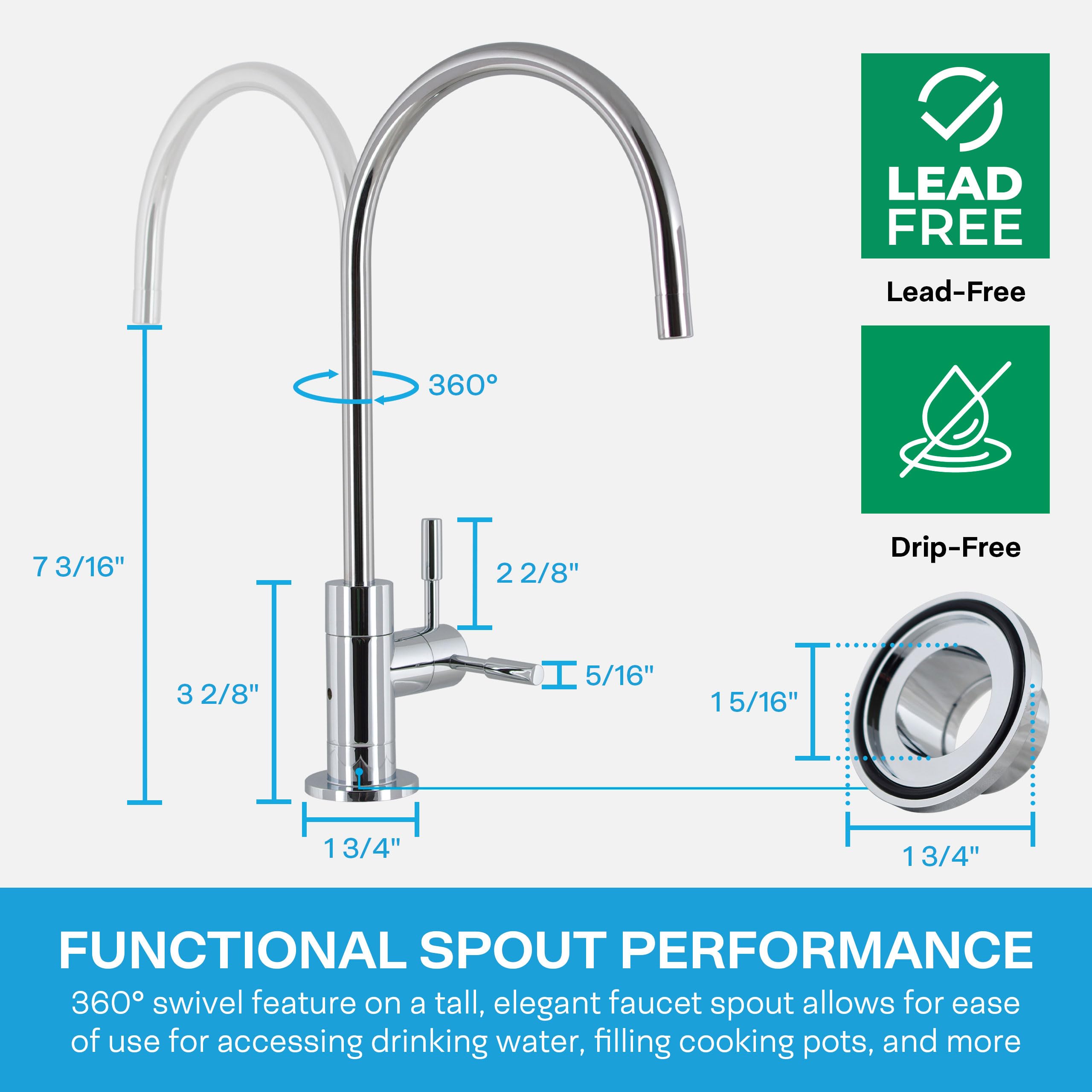 Spiropure Air Gap Ro Faucet, Polished Chrome, Reverse Osmosis Replacement Water Filter Faucet, 3-Line Filtered Faucet, Sp-Fc210-