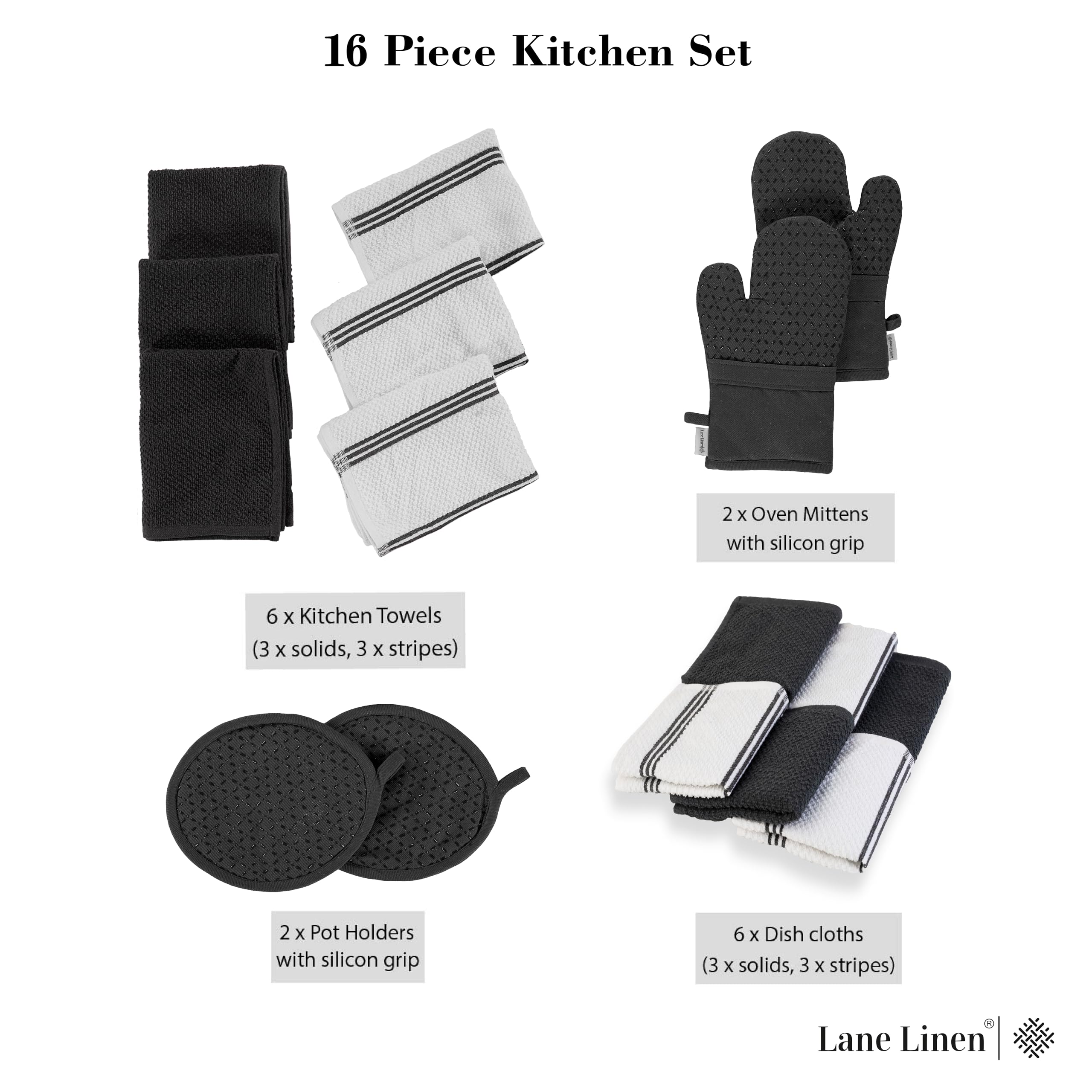 LANE LINEN 16-Piece Kitchen Towels & Dishcloths Set - Heat Resistant Silicone Oven Mitts, Pot Holder & Absorbent Terry Dish Towe