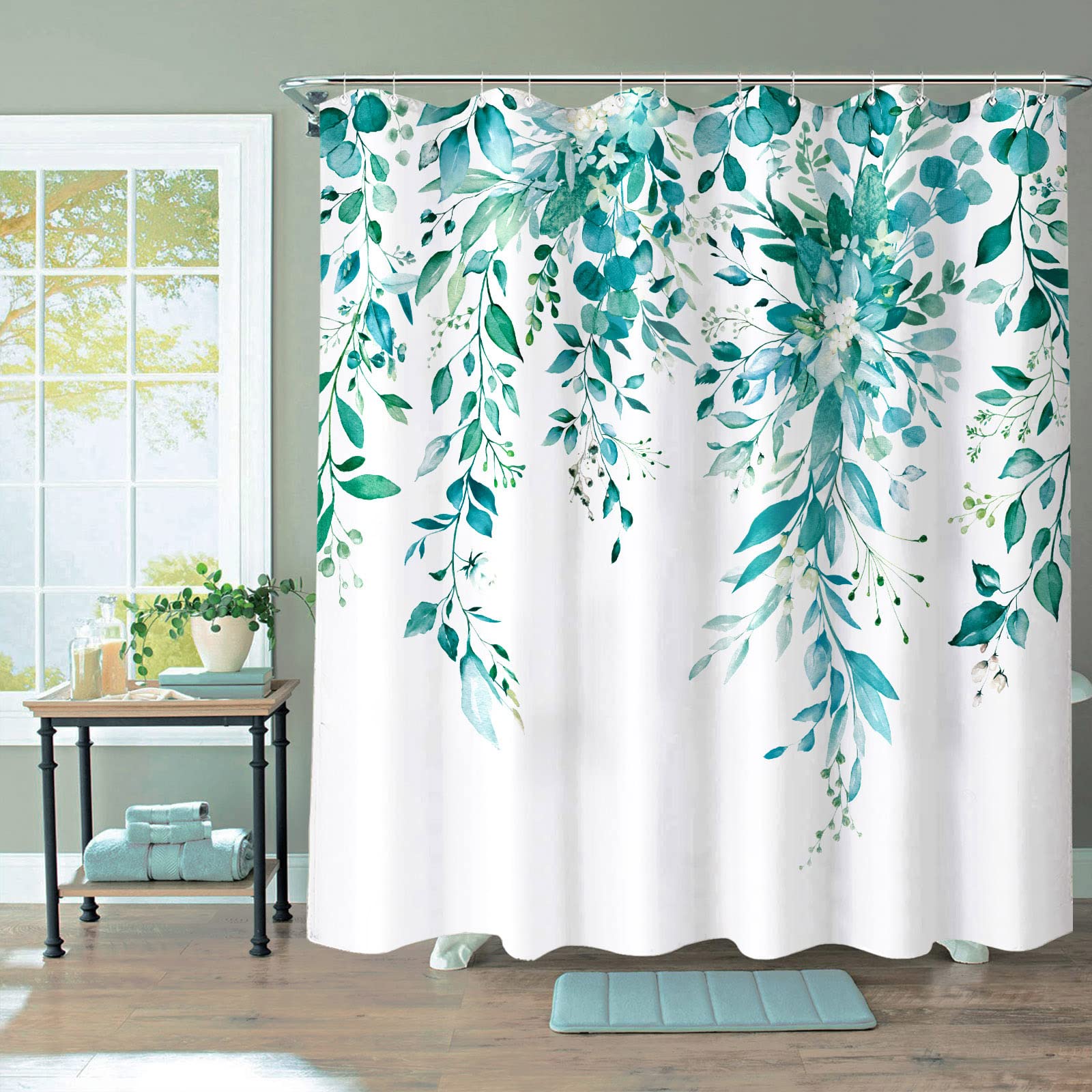 Zussun Teal Eucalyptus Shower Curtain Watercolor Floral Plant Leaf Shower Curtains for Bathroom Botanical Flower Waterproof Fabric Bath Curtain Decor with Hooks (Teal  72'' x 72'')
