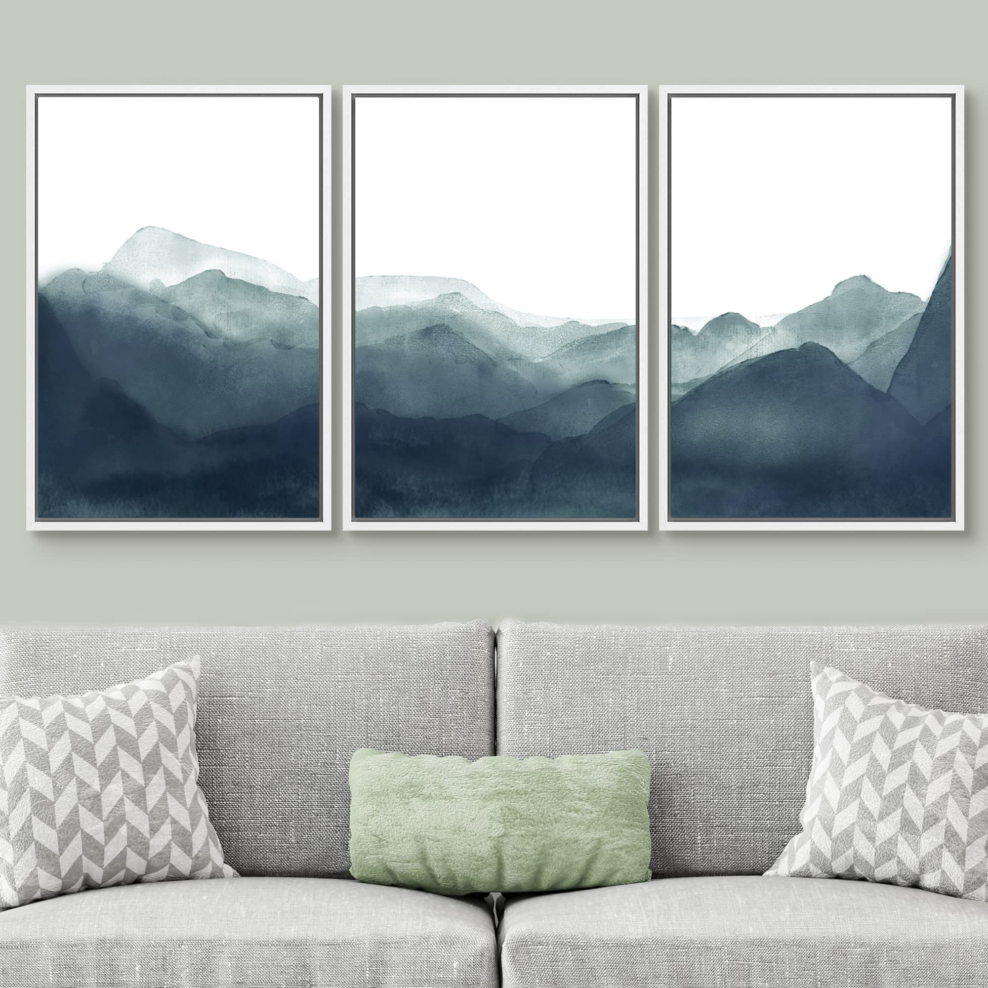 Signwin Framed Canvas Print Wall Art Blue & Green Mountains In Fog Nature Wilderness Illustrations Modern Art Rustic Scenic Rela