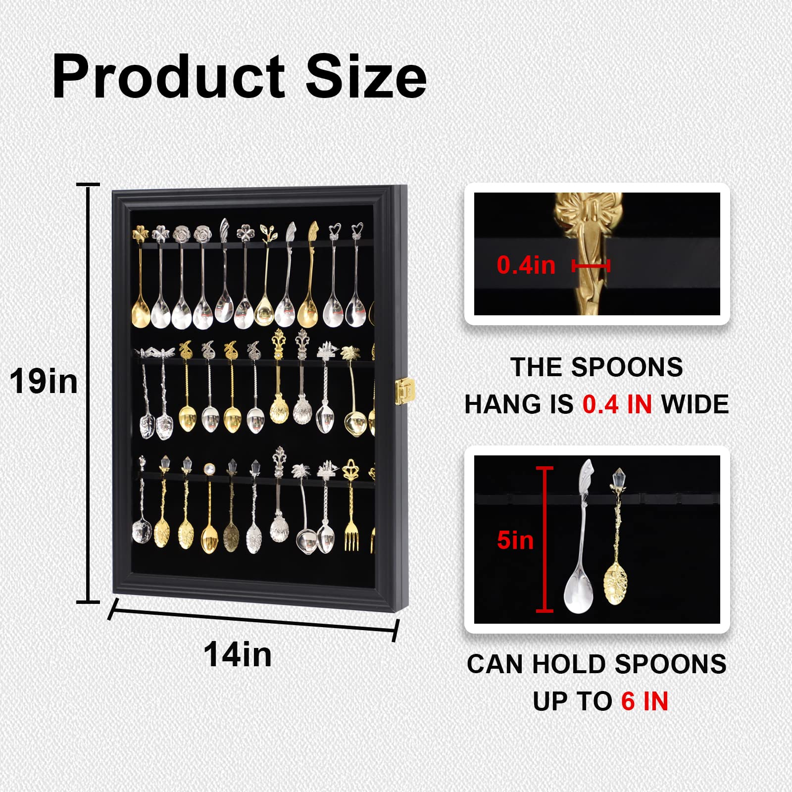 Comsrev 36 Souvenir Tea Spoon Display Case Collection Collector Rack Wall Mount Wooden W/98% Uv Acrylic Door Lockable(Black)