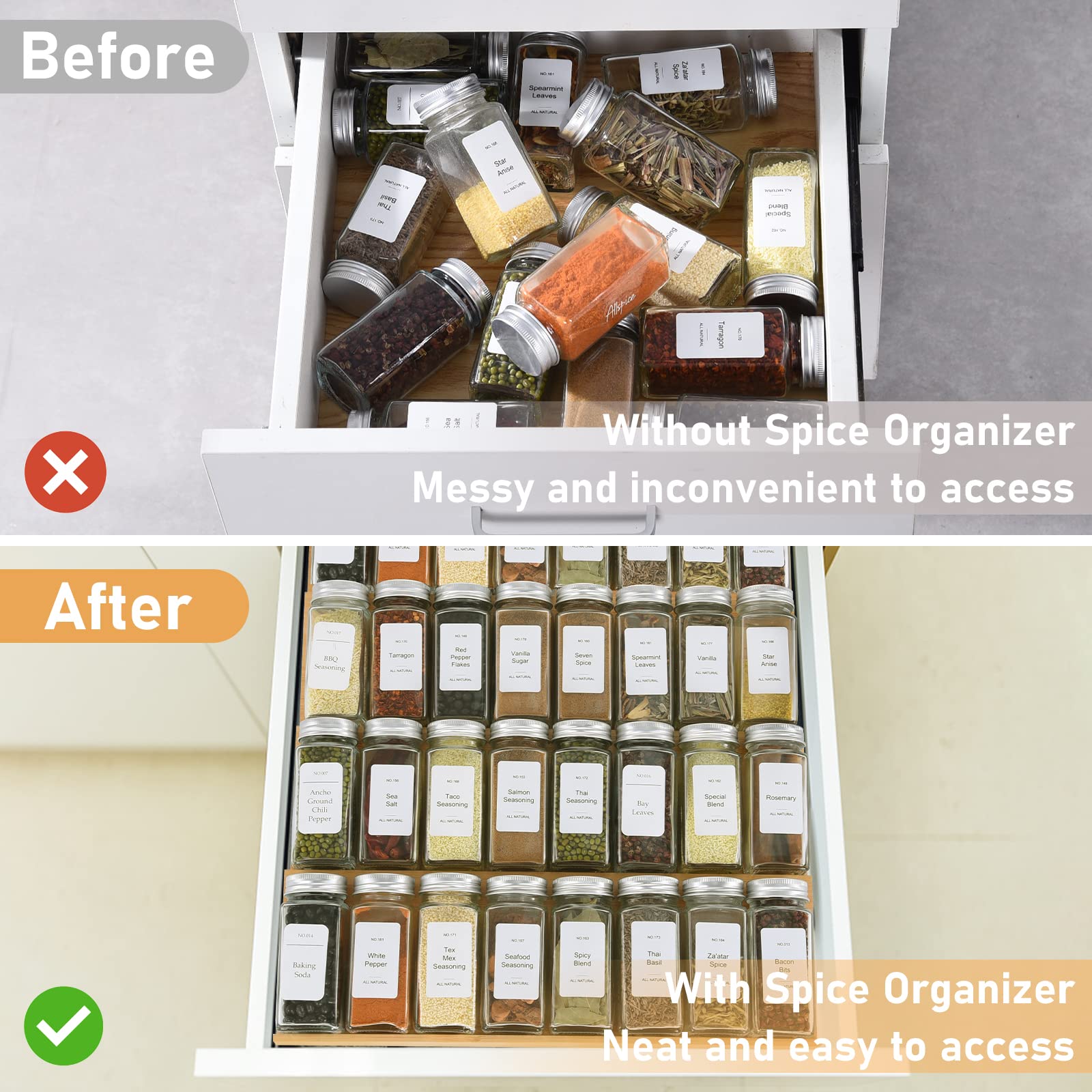 KitHero Spice Drawer Organizer with 24 Spice Jars and 216 Labels,Non-slip Rubber, Bamboo 4 Tier Spice Racks Tray Seasoning Conta
