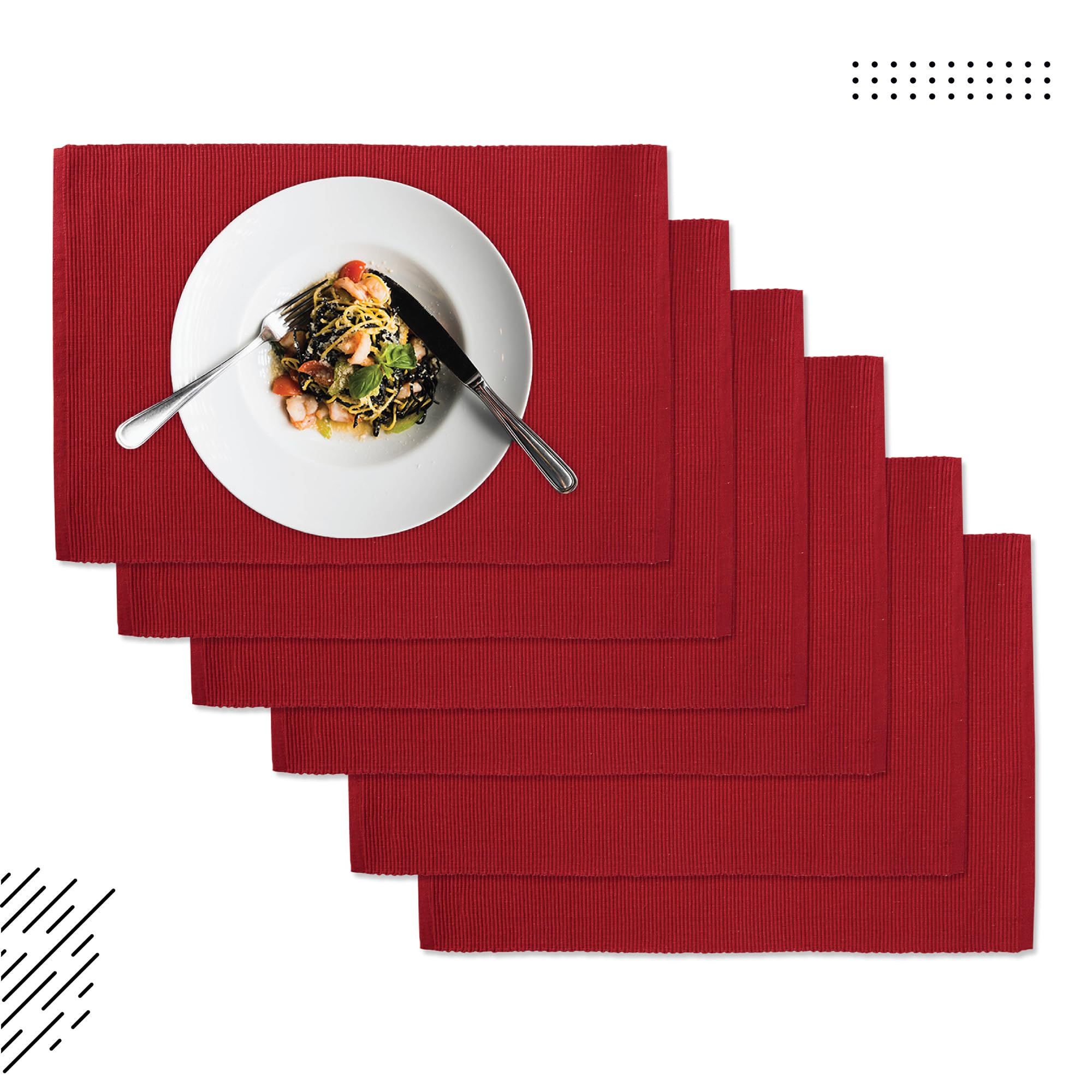 Encasa Xo Dining Placemat Set Of 6 | Solid Red Color | Fine Ribbed Cotton Table Mat | Size 19X13 In | Machine Washable