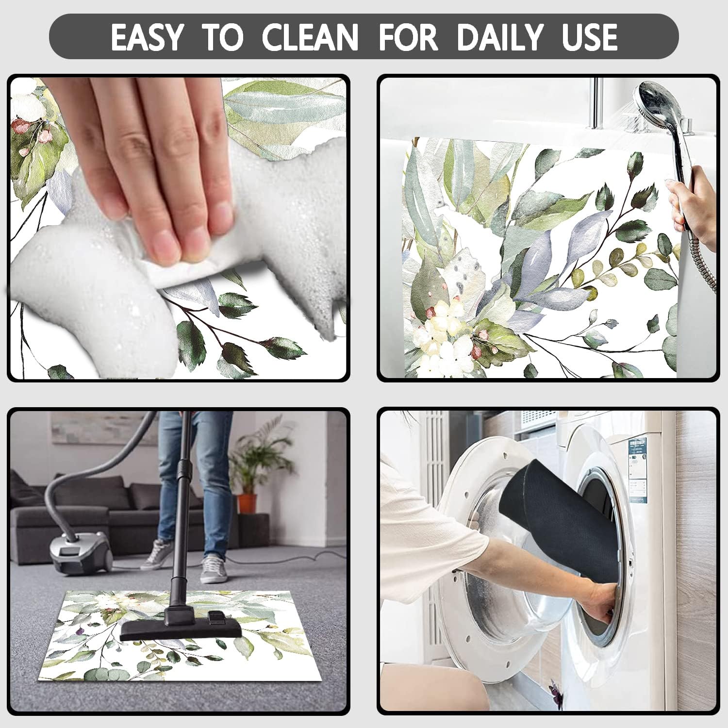 Muginyu Green Leaves Bathroom Rug Set 3 Piece, Spring Floral Boho Quick Dry Bath Mat Set Of 3,Eucalyptus Plant Minimalistthin Ru