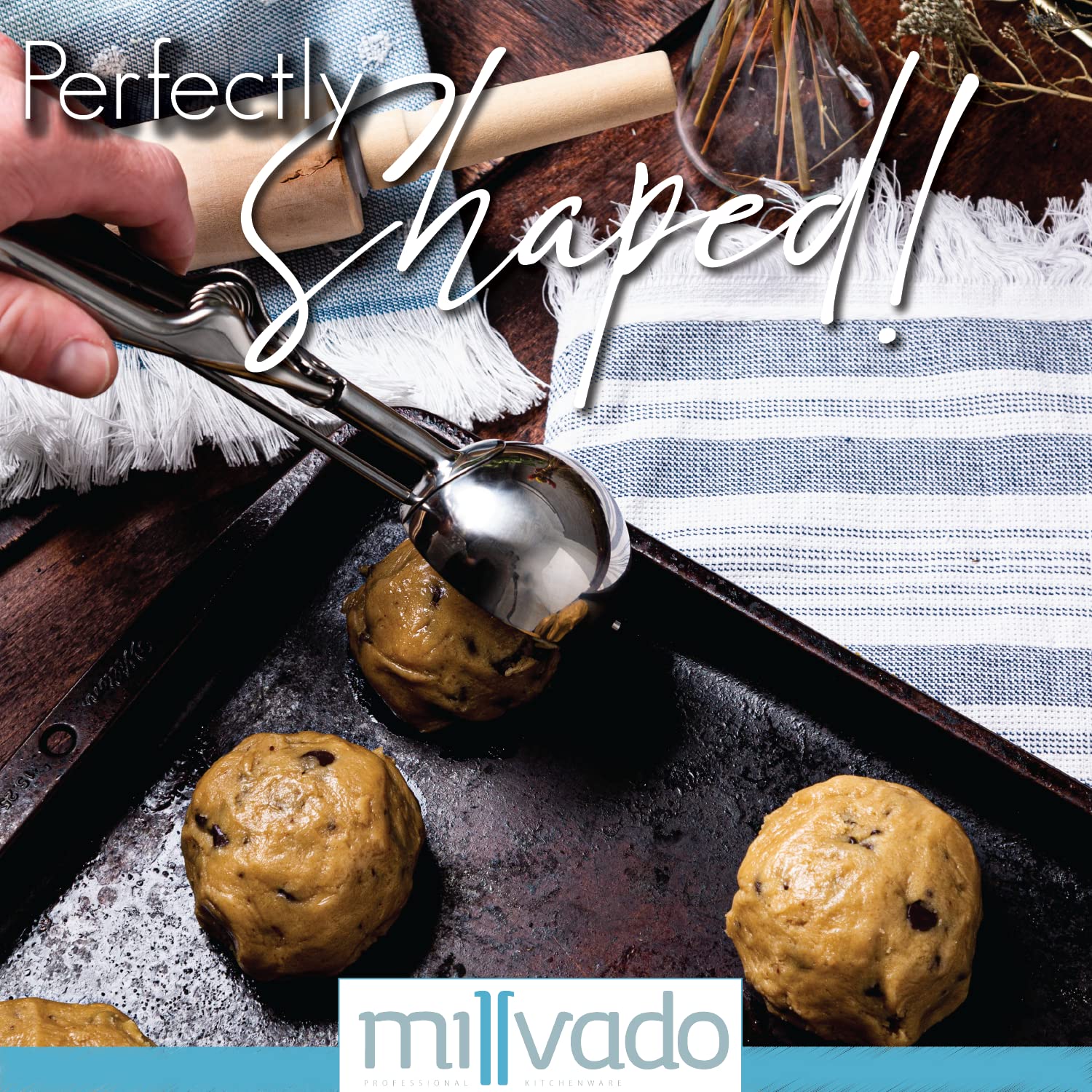 Millvado Stainless Steel Ice Cream And Cookie Scoop | Large Sized, Spring Loaded Lever Design, For Sorbet, Melon, Meatballs, Muf