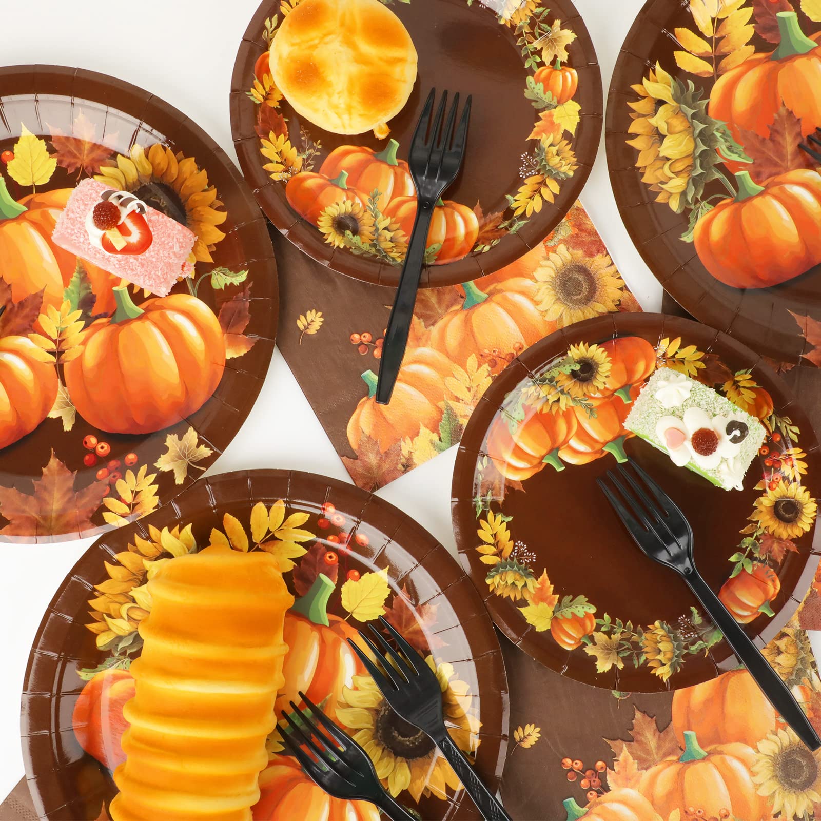 96 Pcs Fall Party Paper Plate and Napkins Supplies Thanksgiving Fall Pumpkin & Sunflower Dessert Plates Thanksgiving Disposable