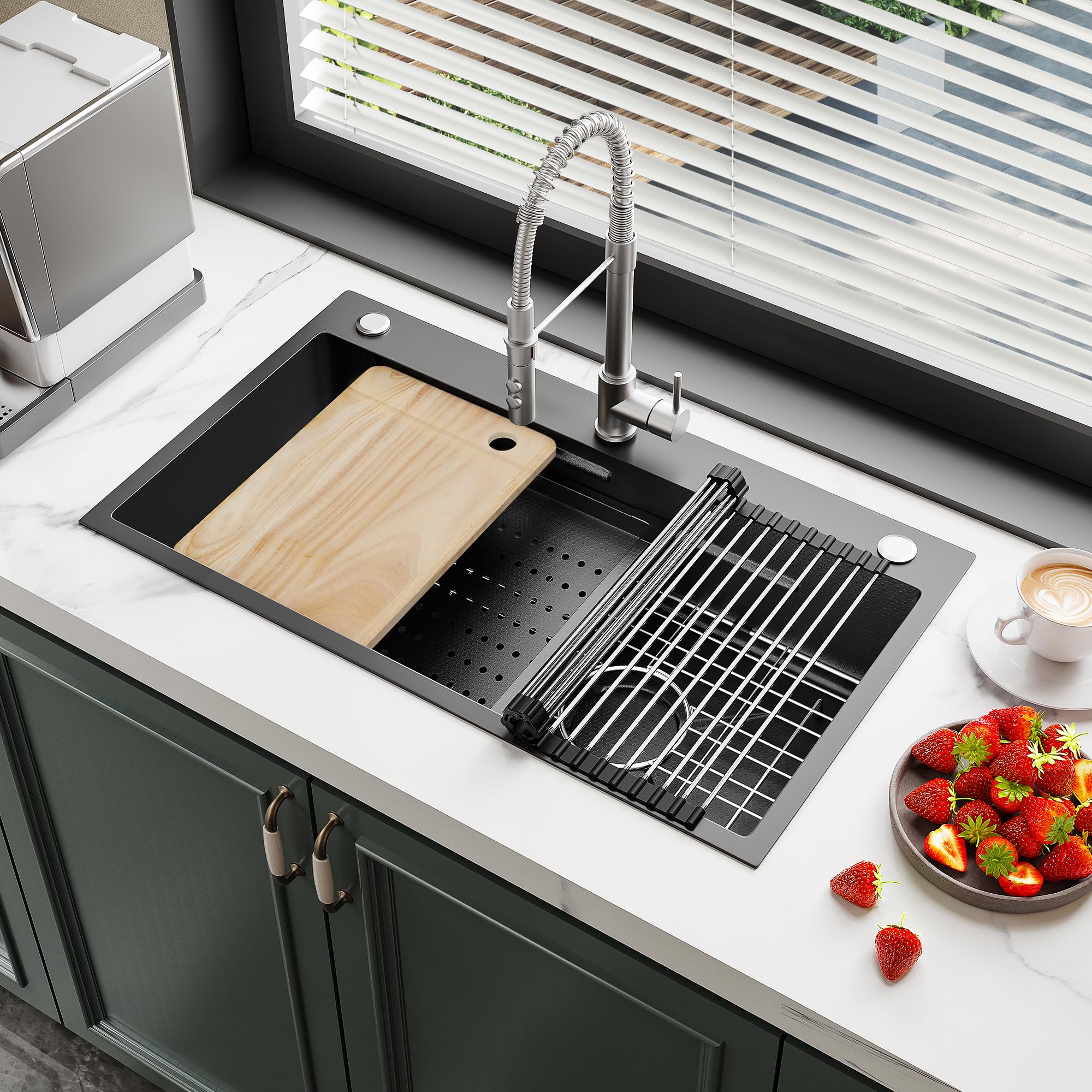 Yitahome Kitchen Sink Gunmetal Black Drop In Sink Workstation 32 Inch, Top Mount Stainless Steel Nano Sink W/Cutting Board& Stra