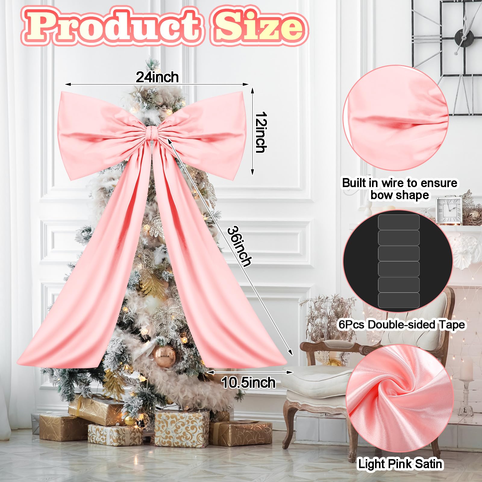 Wavwavw Bow Decor Large Bow for Room, Coquette Giant Ribbon Tie for Birthday Party Backdrop Wall Decor(Pink,24 x 36 Inches)