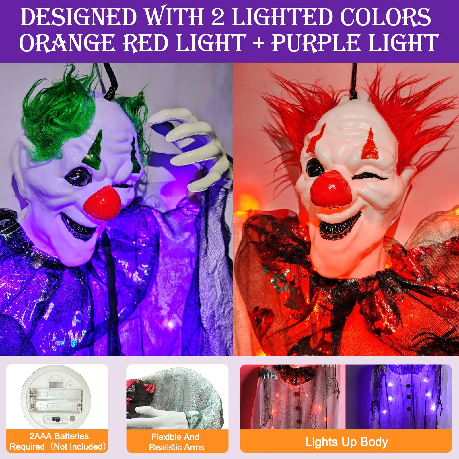 [ Glowing Body ] 2 Pack 5 Ft Light Up Halloween Hanging Clown Decorations with Purple & Red LED Lights, Scary Props Decor for Ya