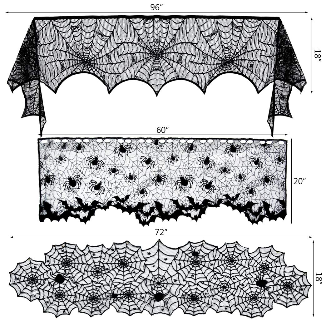 5Pack Halloween Decorations Tablecloth Runner Black Lace Round Spider Cobweb Table Cover Fireplace Mantel Scarf Spiderweb Firepl