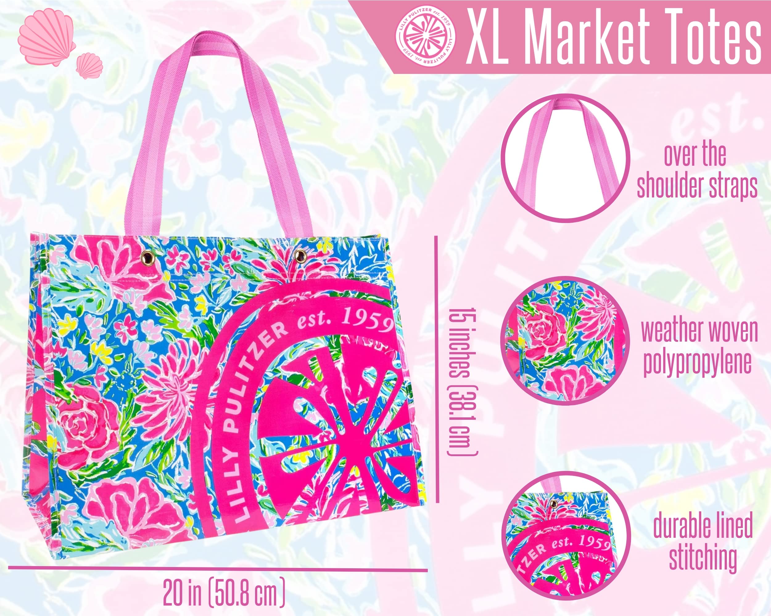 Lilly Pulitzer Blue/Green Xl Market Shopper Bag, Oversize Reusable Grocery Tote With Comfortable Shoulder Straps, Aqua La Vista