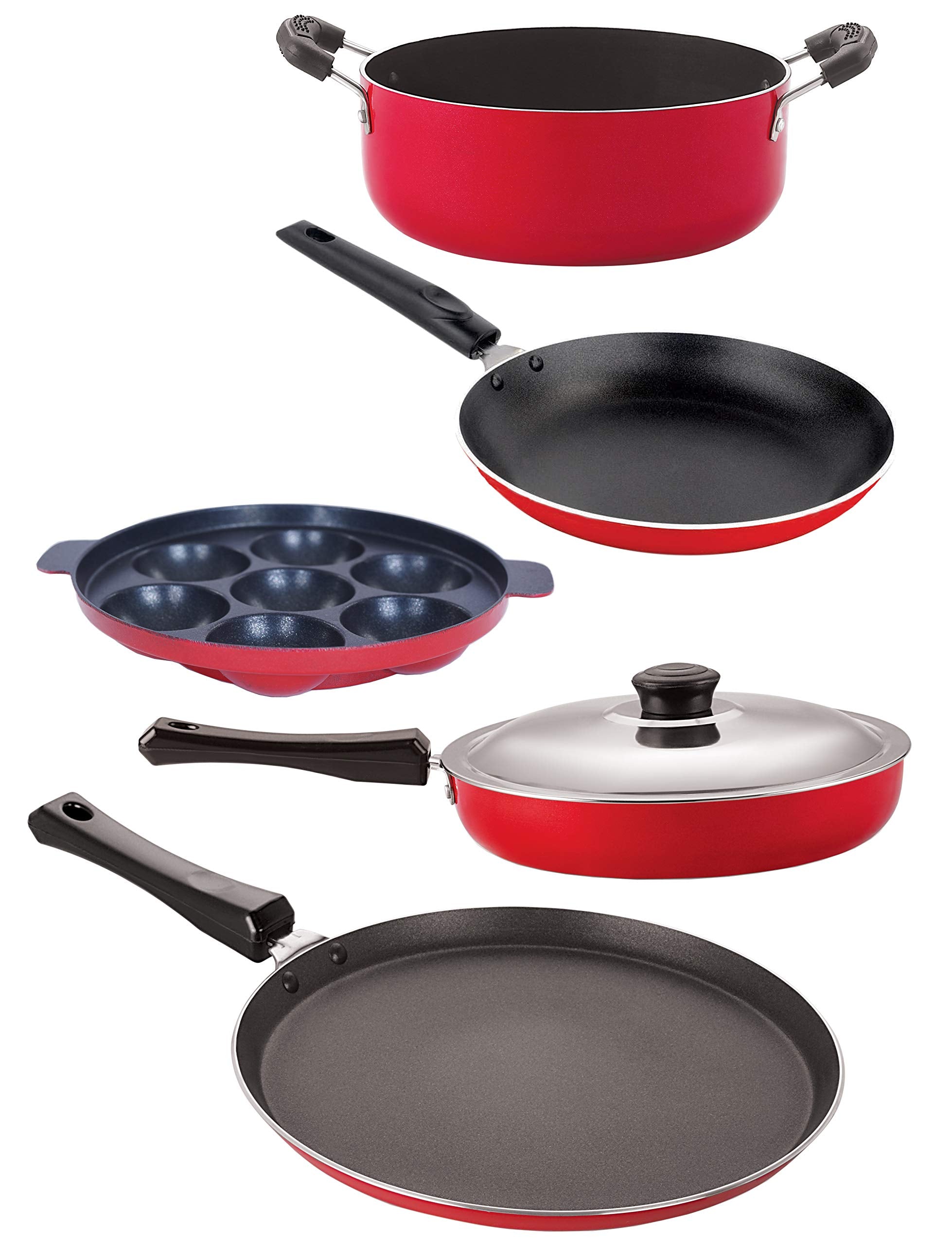 Nirlon 5 Piece Flat Base NonStick Coated Kitchen Essential Combo Item Set With Steel Lid