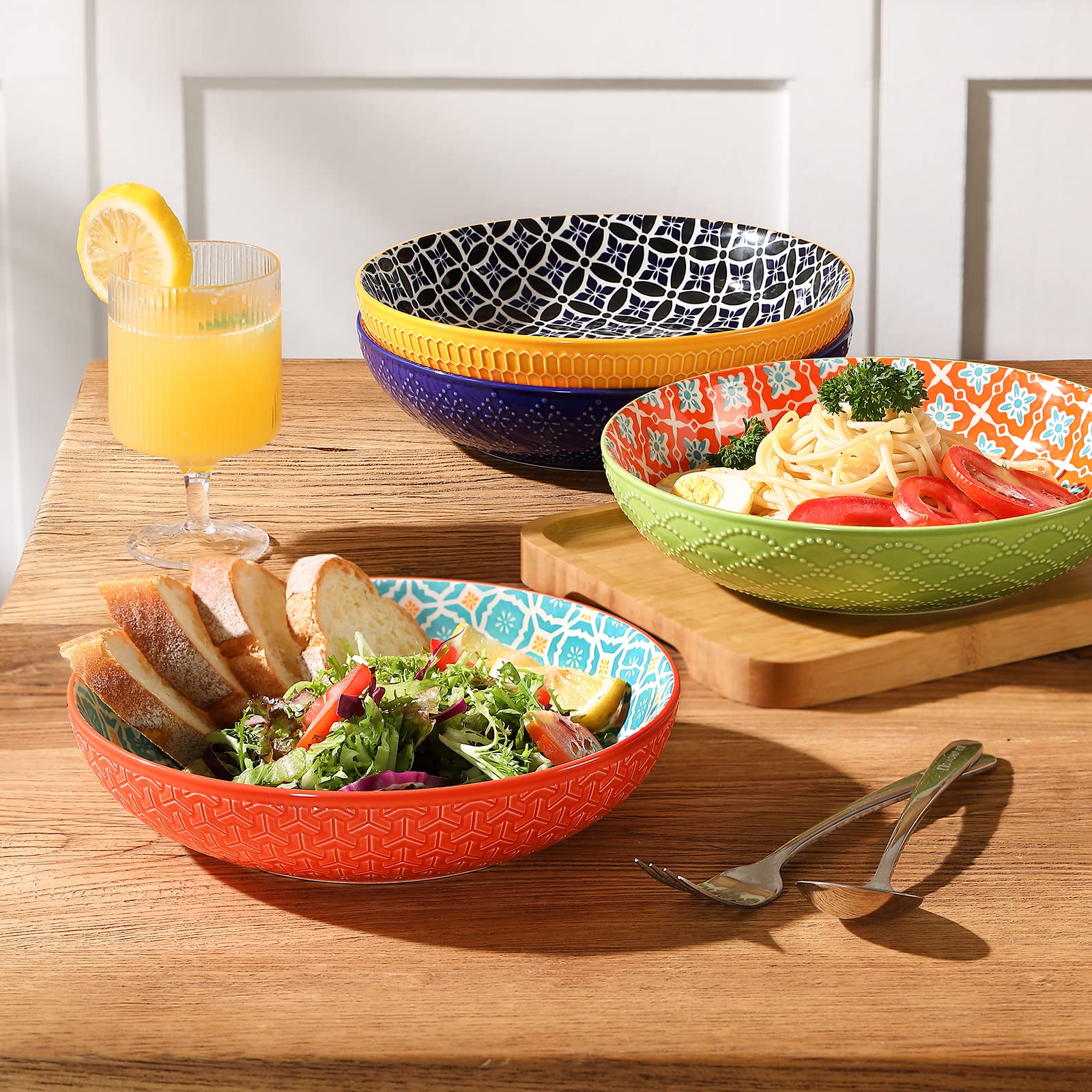 Metahom Ceramic Pasta Bowls, 40 Oz Large Salad Bowls, 8.75'' Wide And Shallow Bowls For Kitchen, Serving Bowls And Plates Set, D