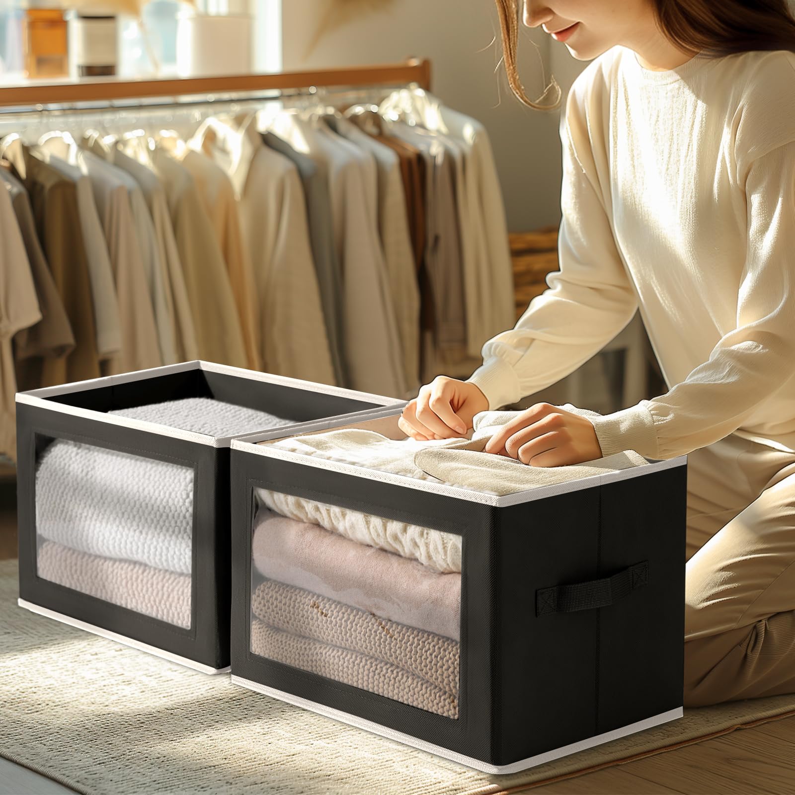 Homsorout Storage Boxes With Lids - 3 Pack Fabric Clear Window Storage Bins, Collapsible Storage Bins With Lids, Linen Closet Or