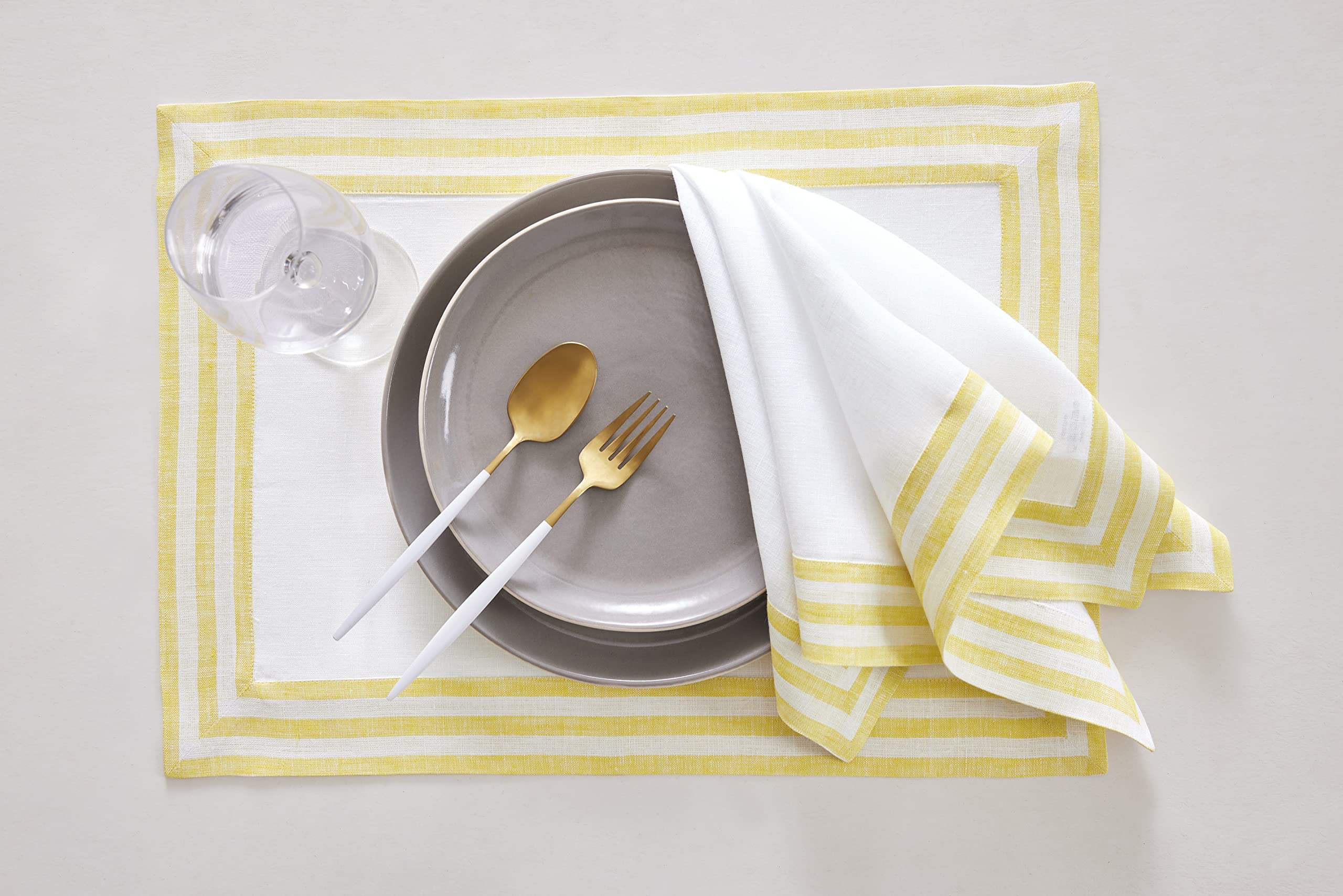 Solino Home Linen Placemats Set Of 4-100% Pure Linen Cloth Fabric Placemats Primrose Yellow - 19'' L X 14'' W Inch Washable Dini