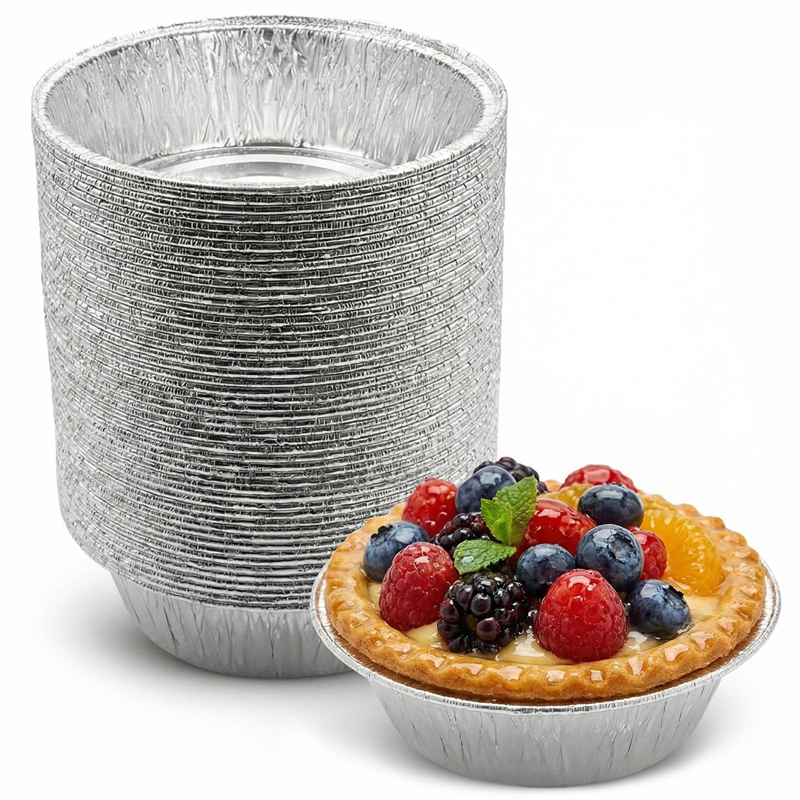 VEAGINS 50 Pack Aluminium Foil Pie Dishes (11 x 3.3cm)  Small Round Tin Foil Trays Disposable Baking Tray for Pies, Quiche, Pas
