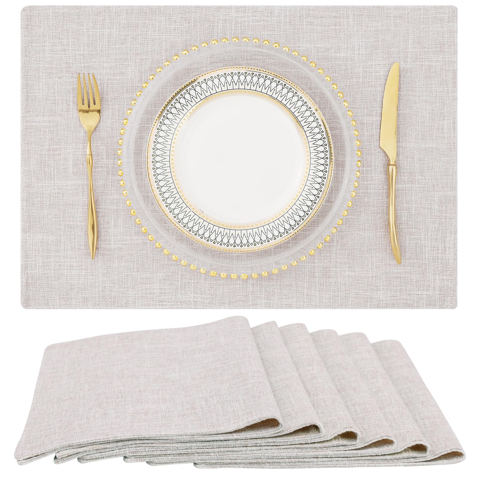 Homing Neutral Beige Cloth Placemats Set Of 6 - Cotton Linen Blend Washable Farmhouse Dining Table Mats For Indoors & Outdoors,