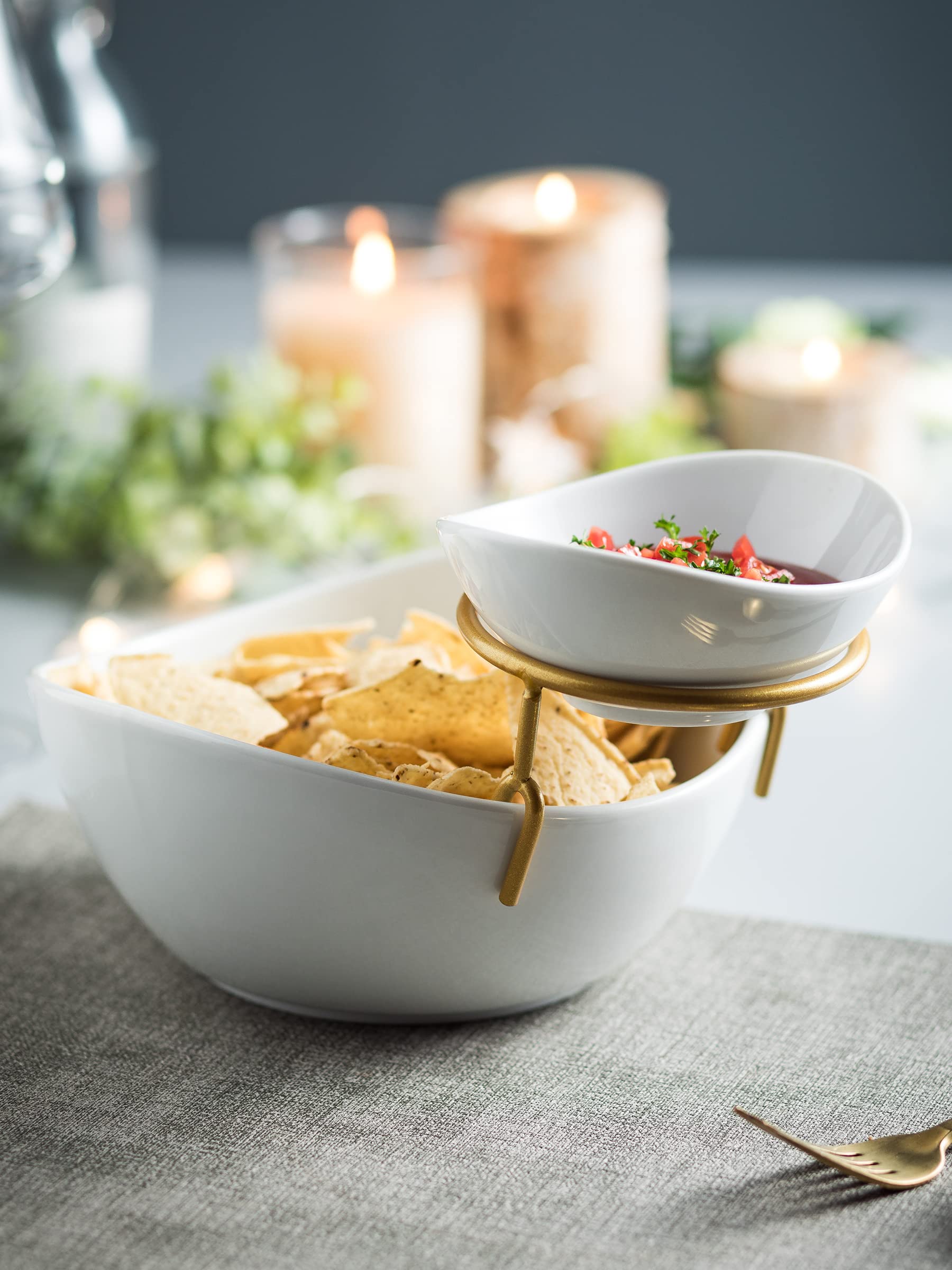Miamolo Porcelain Serving Bowl Set For Appetizer Serving Dishes Set With 2 Compartment, Chip And Dip Taco Rack Display Salad Bar