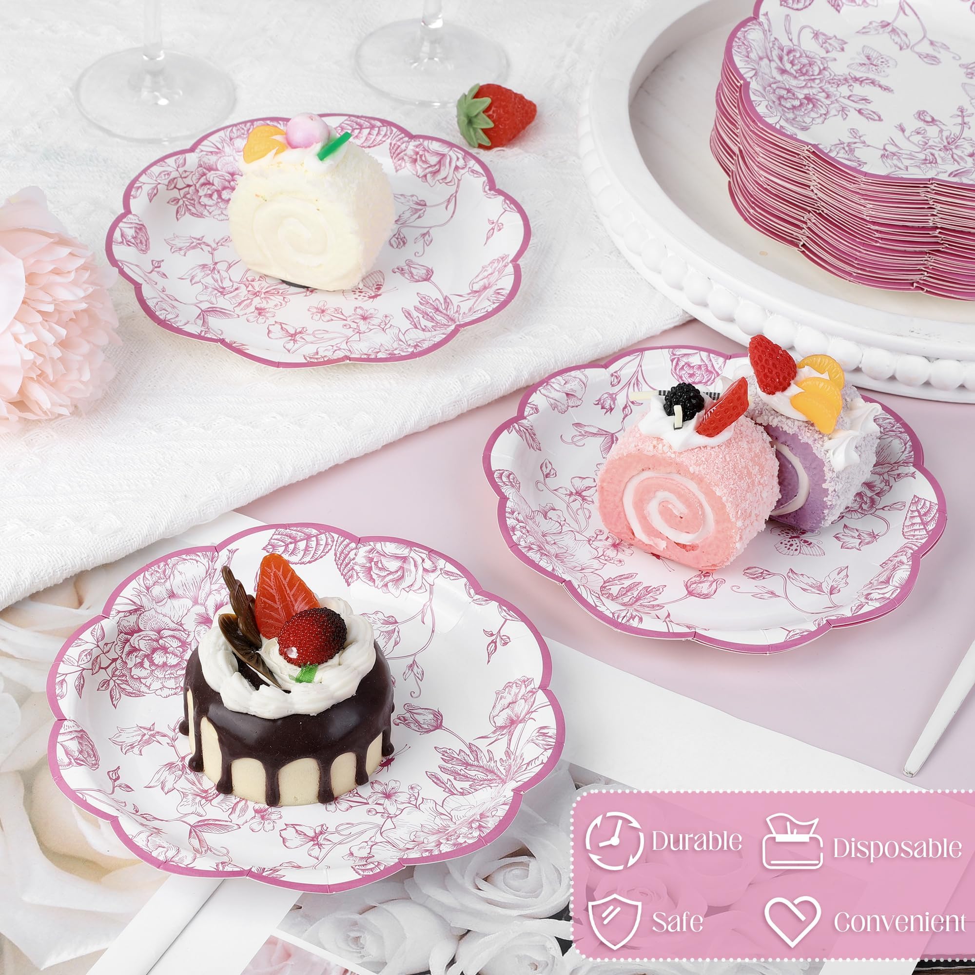 Kochorie 150 Pieces Pink Flower Paper Plates 7 Inches Disposable Floral Paper Plates Scalloped Pink Chinoiserie Vintage Flower D