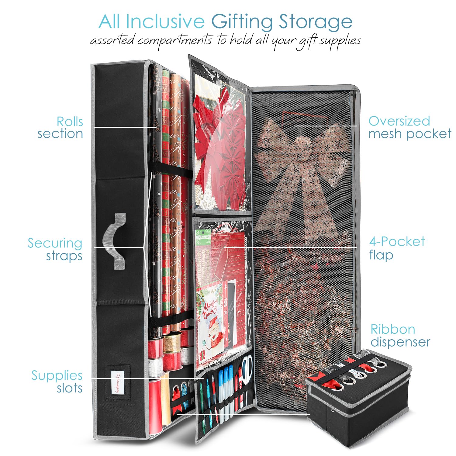 Hearth & Harbor Wrapping Paper Storage Container - Large Black Polyester Organizer for 26 Rolls with Extra Pockets - Model VC-HHHS08-Blck