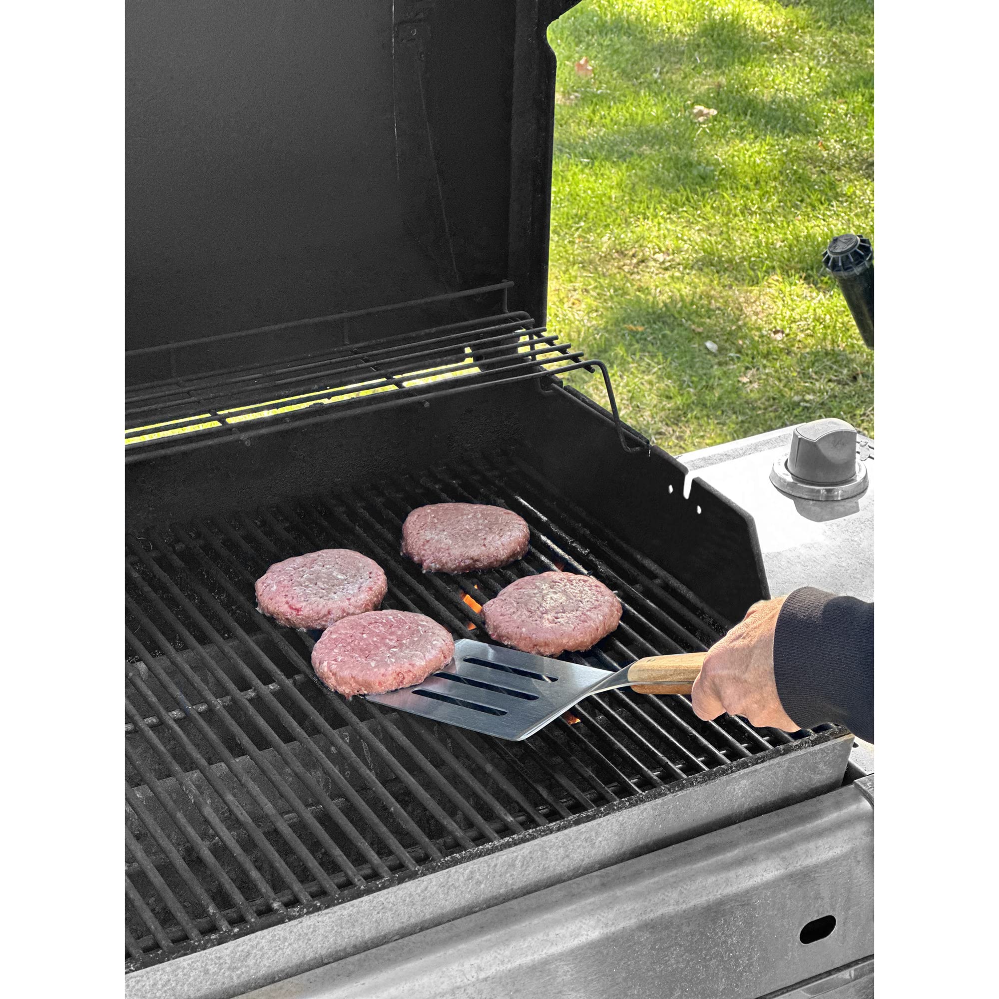 Outset Jackson Stainless Steel Slotted Grill Spatula, Acacia Wood Handle, Silver, 14.6X4.2X1.6''