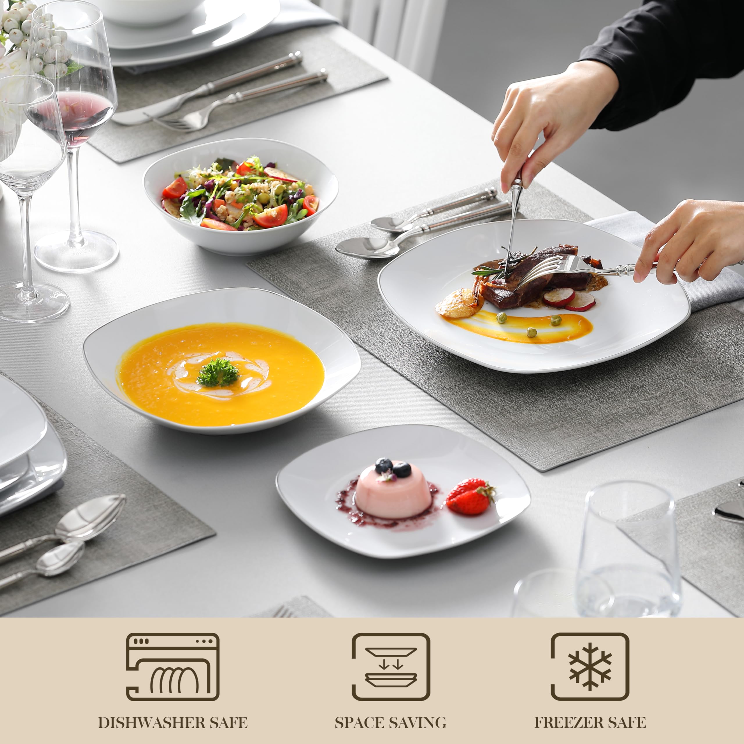 MALACASA Dinnerware Sets, 24-Piece Porcelain Square Dishes - White with Silver Rim, Modern Dish Set for 6 - Plates and Bowls Set