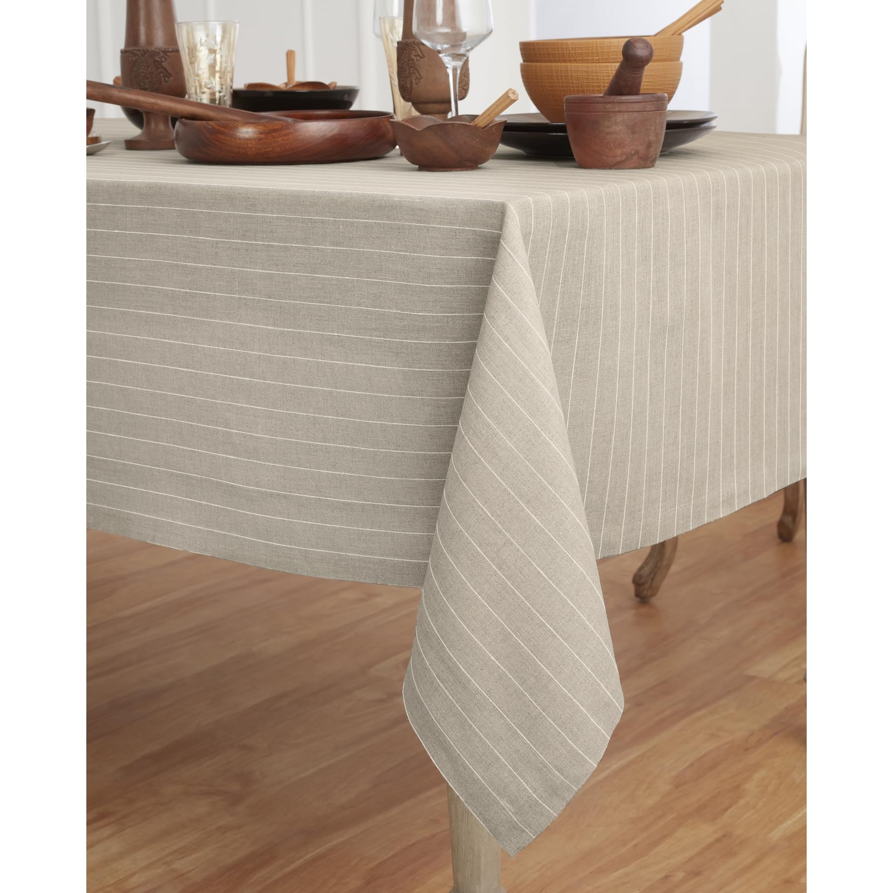 Solino Home Pinstripe Linen Tablecloth 120'' L X 60'' W Inch - 100% Pure Linen Natural And White Tablecloth For Spring, Easter -