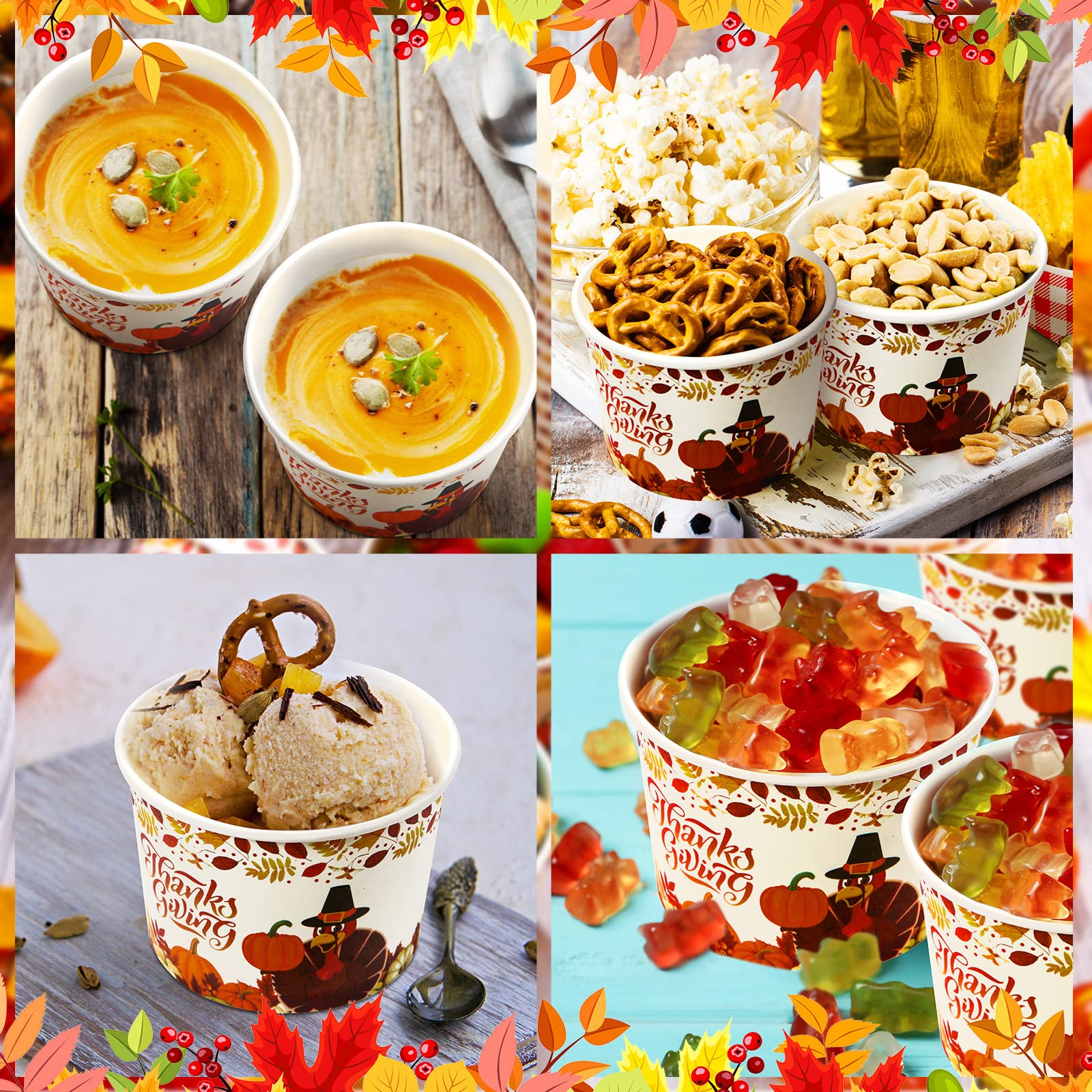 Potchen 50 Pack 9 oz Thanksgiving Day Disposable Paper Cups Fall Themed Disposable Dessert Bowls Paper Snack Cups Paper Soup Cup