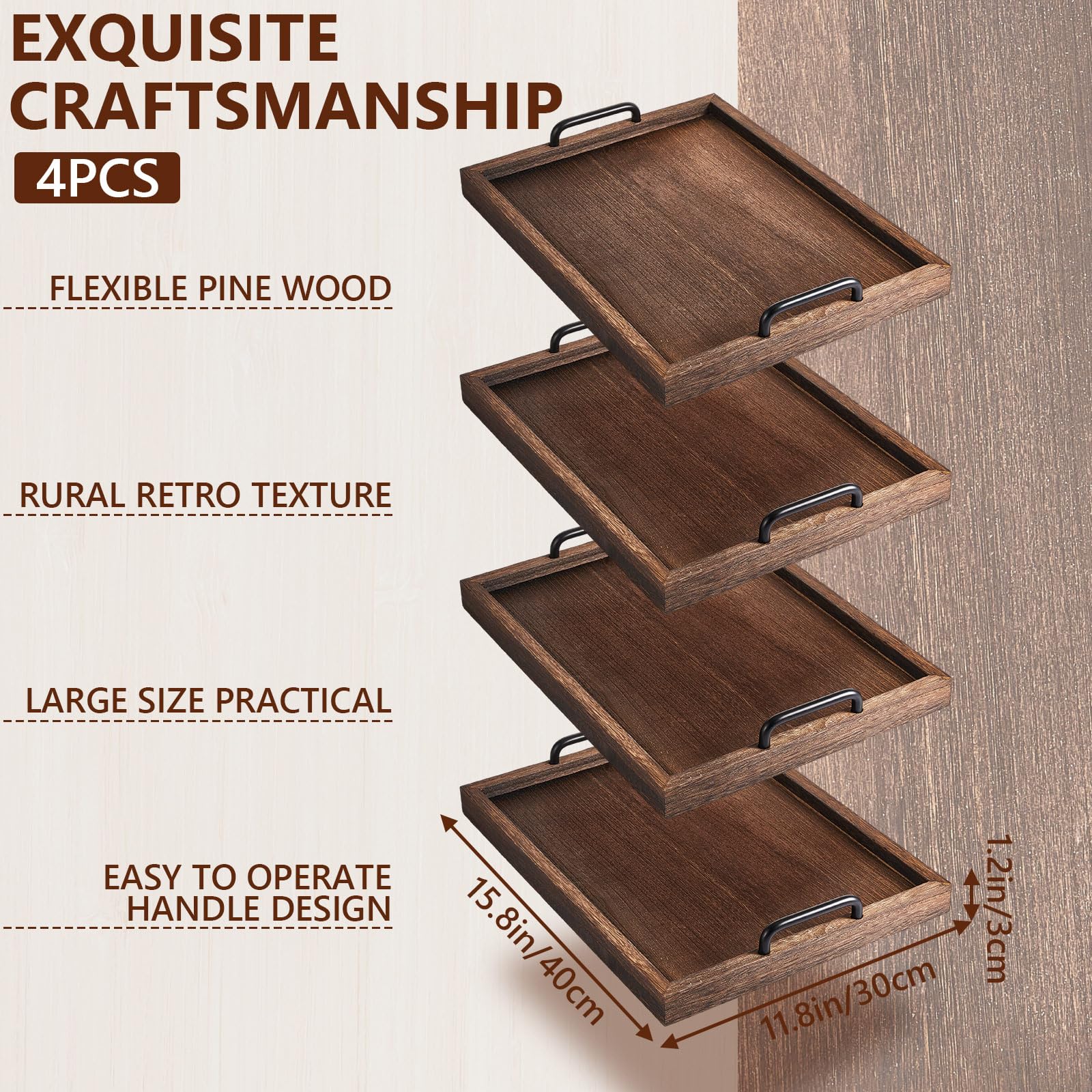 Lallisa 4 Pcs Large Wooden Serving Tray Decorative 15.75 X 11.81 X 2.36 Ottomantray Rustic With Handles Coffee Table Decor Wood