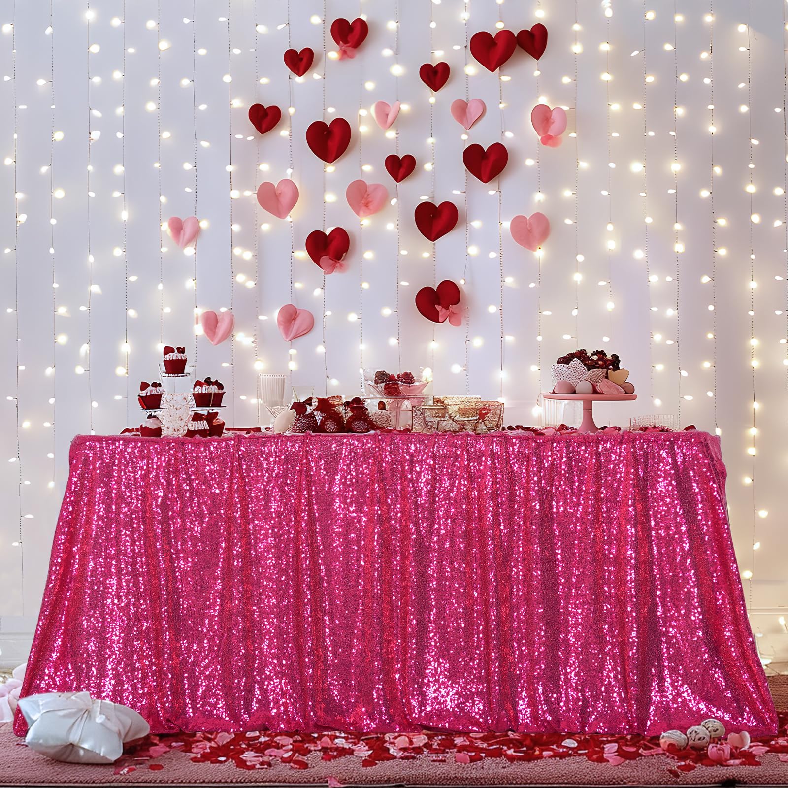Poise3Ehome 50X72'' Rectangle Hot Pink Sequin Tablecloth For Party Cake Dessert Table Exhibition Events, Hot Pink