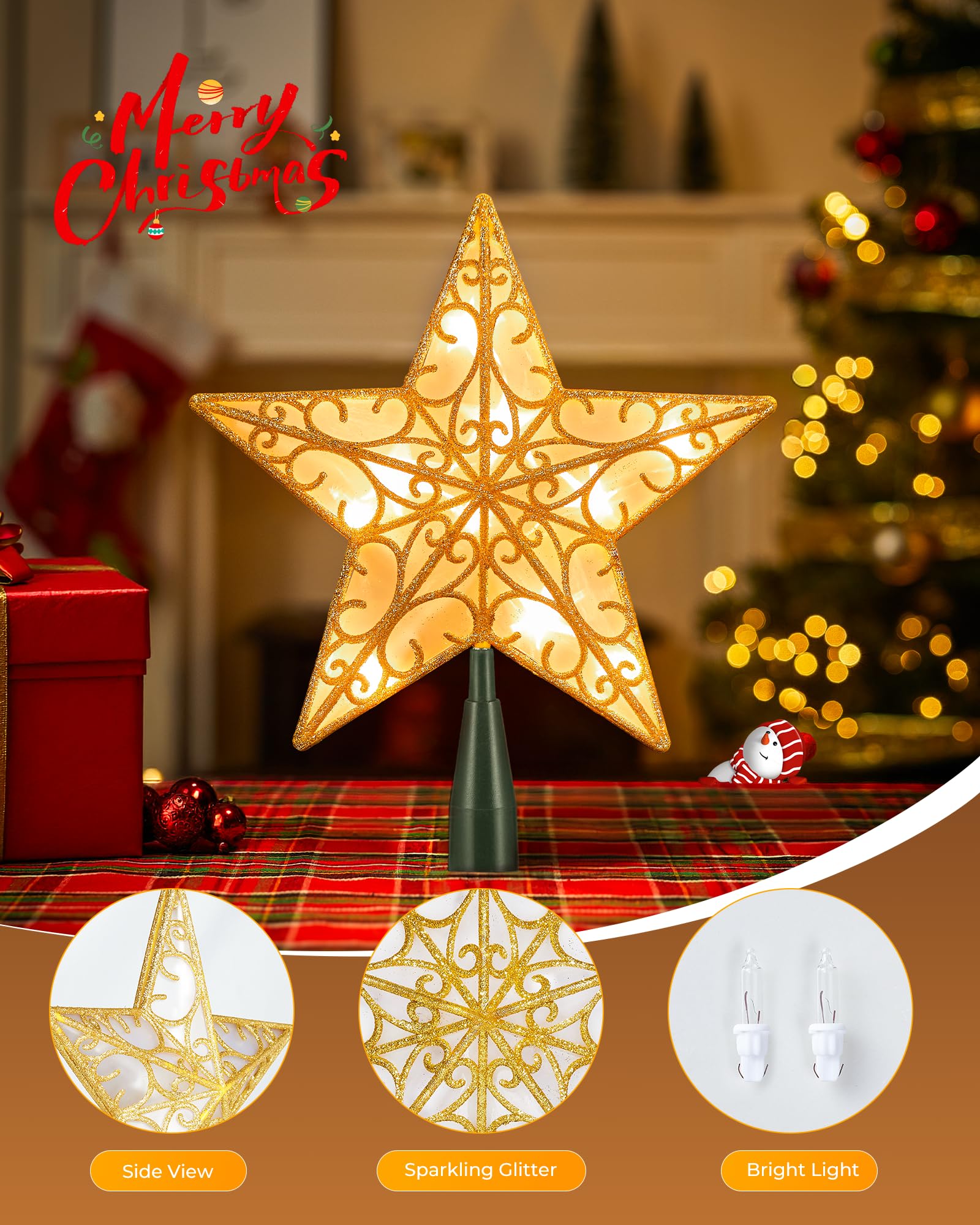 Christmas Star Tree Topper, Plug in Sliver Glittered 3D Star Tree Topper, Metal Hollow Designed Built-in 10 Bulbs String Lights