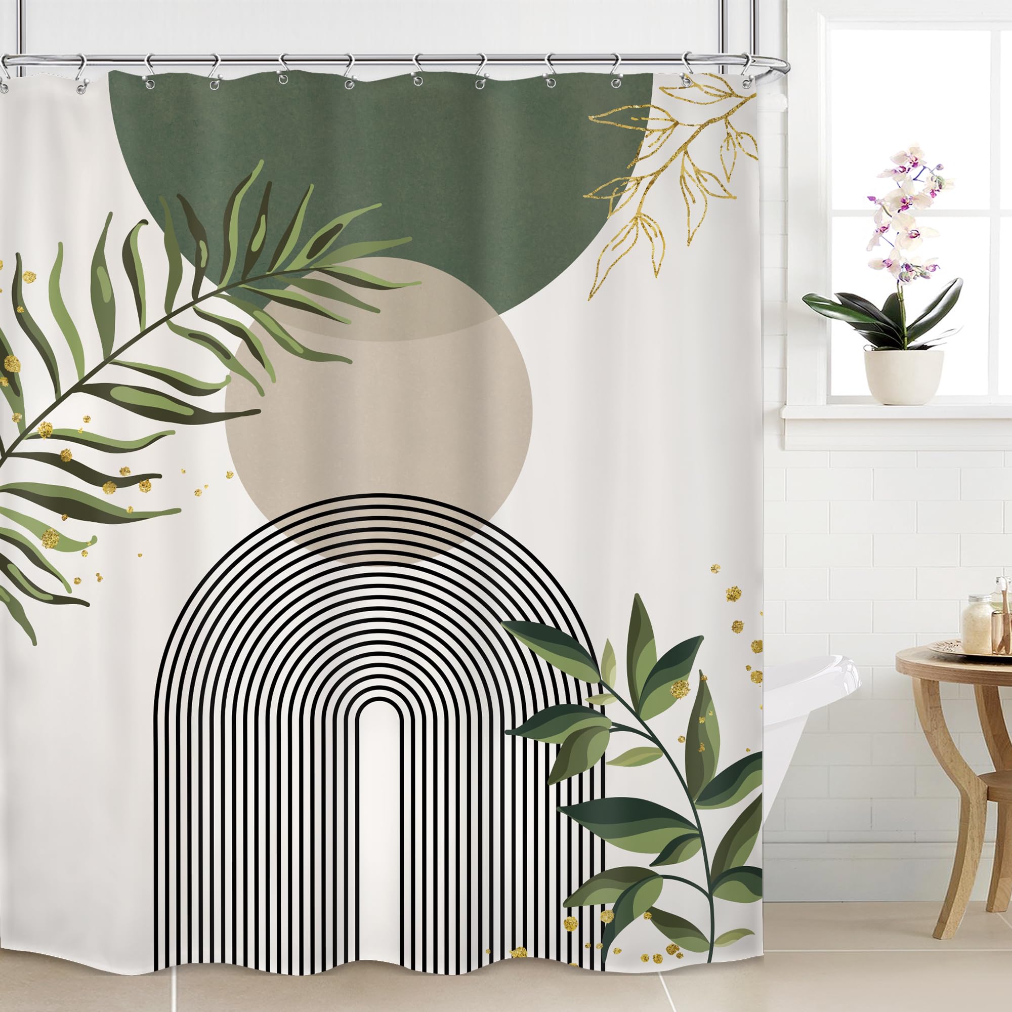 Mitpok Sage Green Boho Mid Century Shower Curtain 60Wx72H Abstract Gold Leaves Plant Grey Modern Sun Bathroom Decor Minimalist G