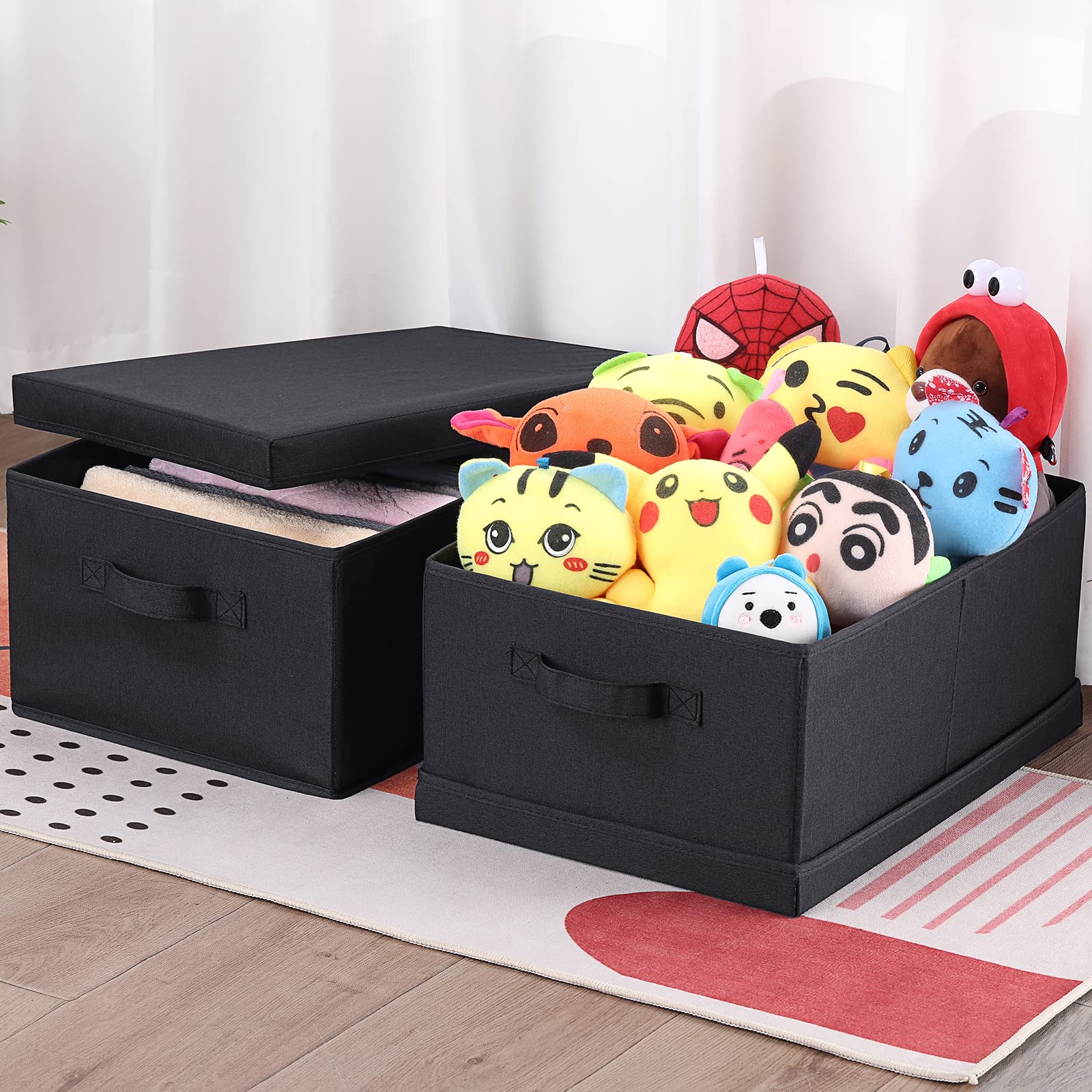 HOONEX Storage Bins with Lids for Organizing  Pack of 2  Storage Boxes with 2 Carrying Handles and Study Heavy Cardboard  16.5'' L x 11.8'' W x 7.5'' H for Toy  Shoes  Books  Clothes  Nursery  Black