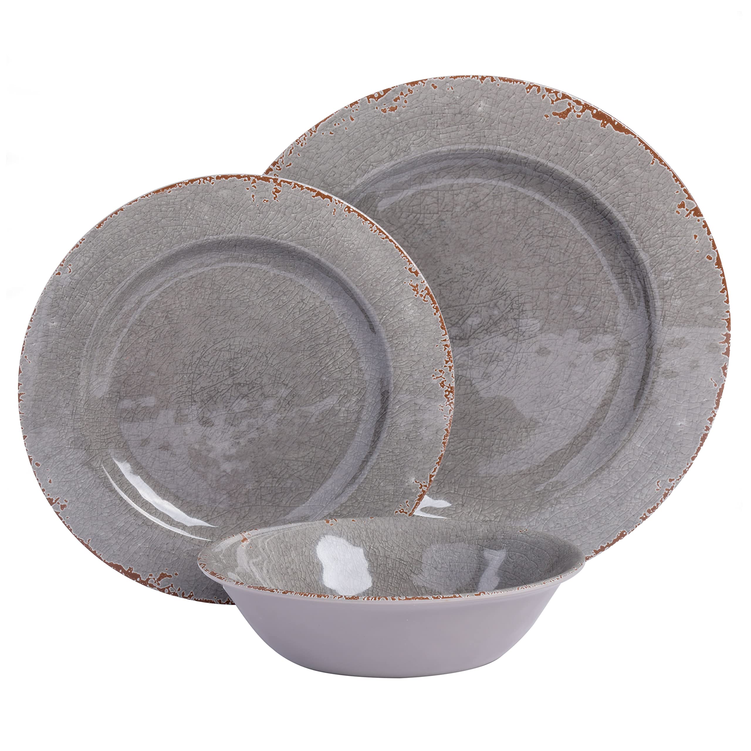 Gibson Home Mauna Melamine Dinnerware Set, Service for 4, 12pcs, Grey Rustic, Model 114336.12