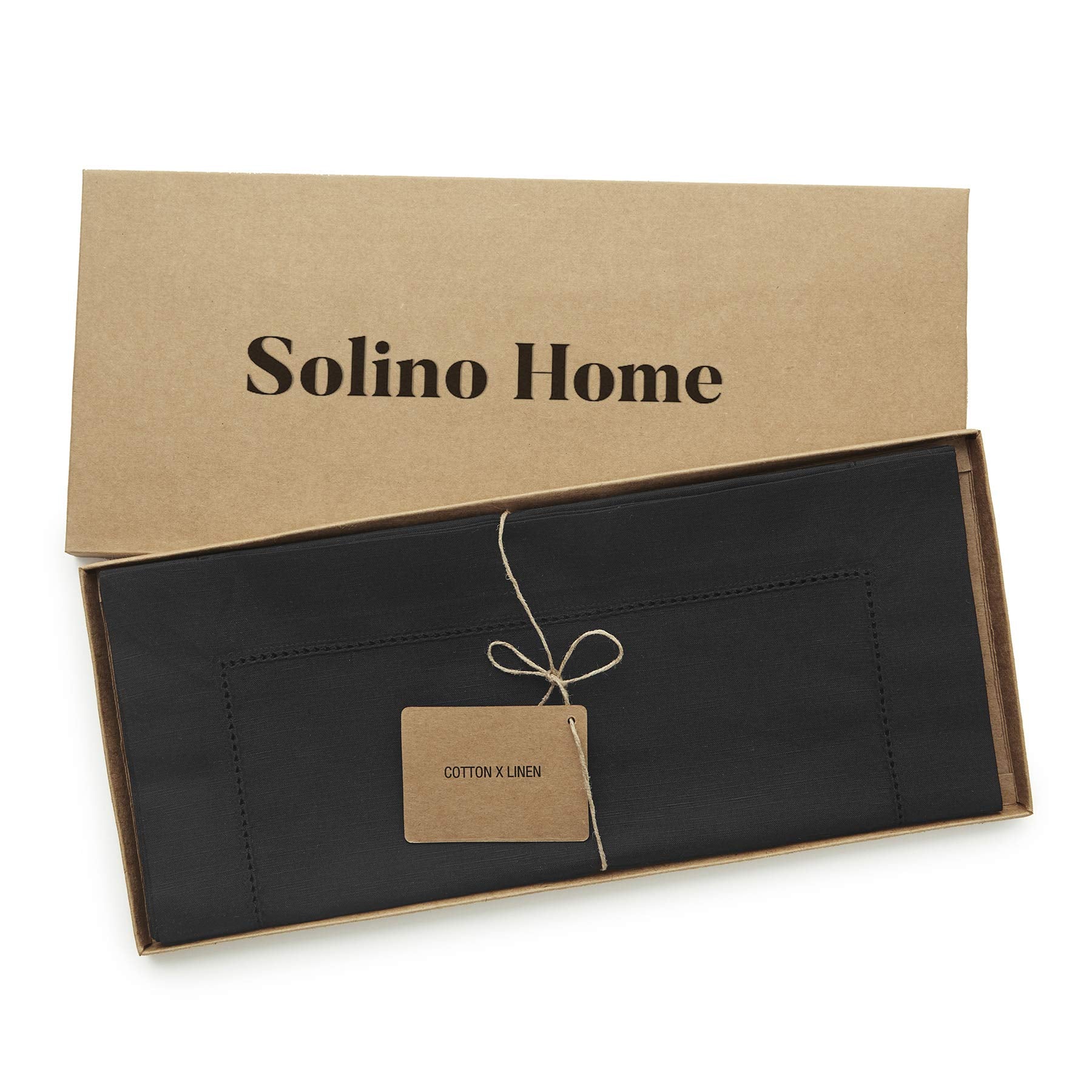 Solino Home Black Table Runner 90 Inches Long - Cotton Linen Hemstitch 14 x 90 Inch Table Runner for Dining, Fall, Autumn, Winte