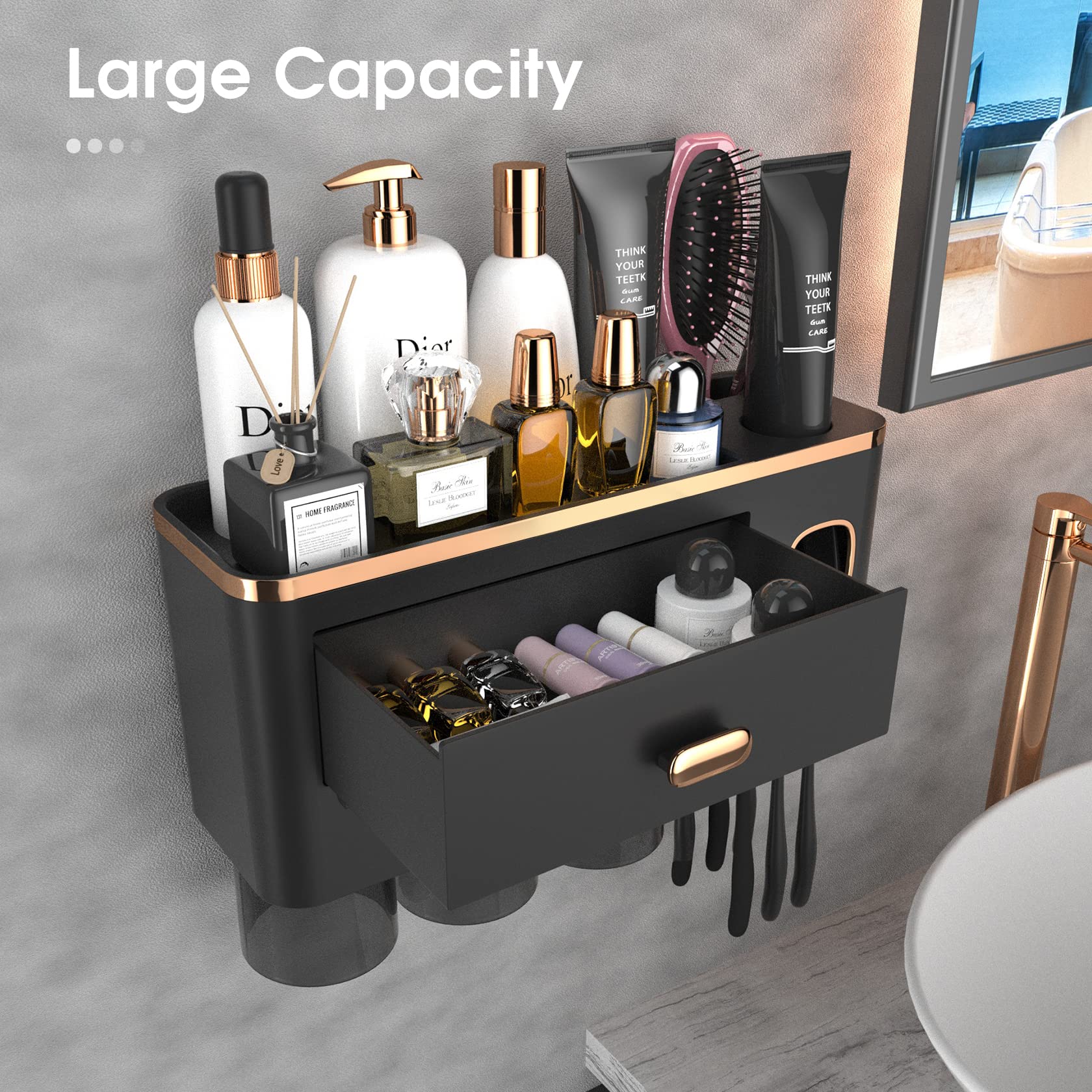 Ihave Toothbrush Holders For Bathrooms - Upgrade Wall Mounted Toothbrush Holder With Toothpaste Dispenser - 3 Cups, Large Capaci