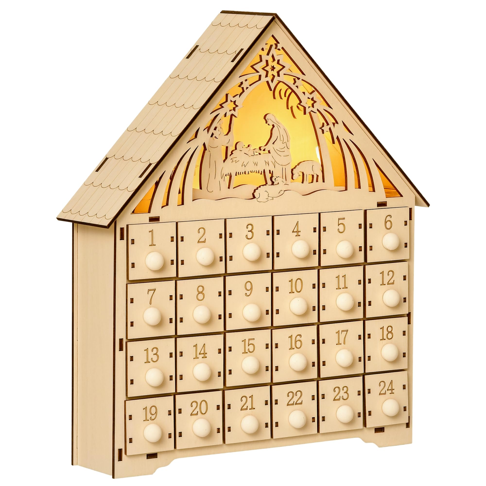 HOMCOM Christmas Advent Calendar, Light Up Manger Scene Tabletop Xmas Wooden House Holiday Decoration with Countdown Drawer, Bib