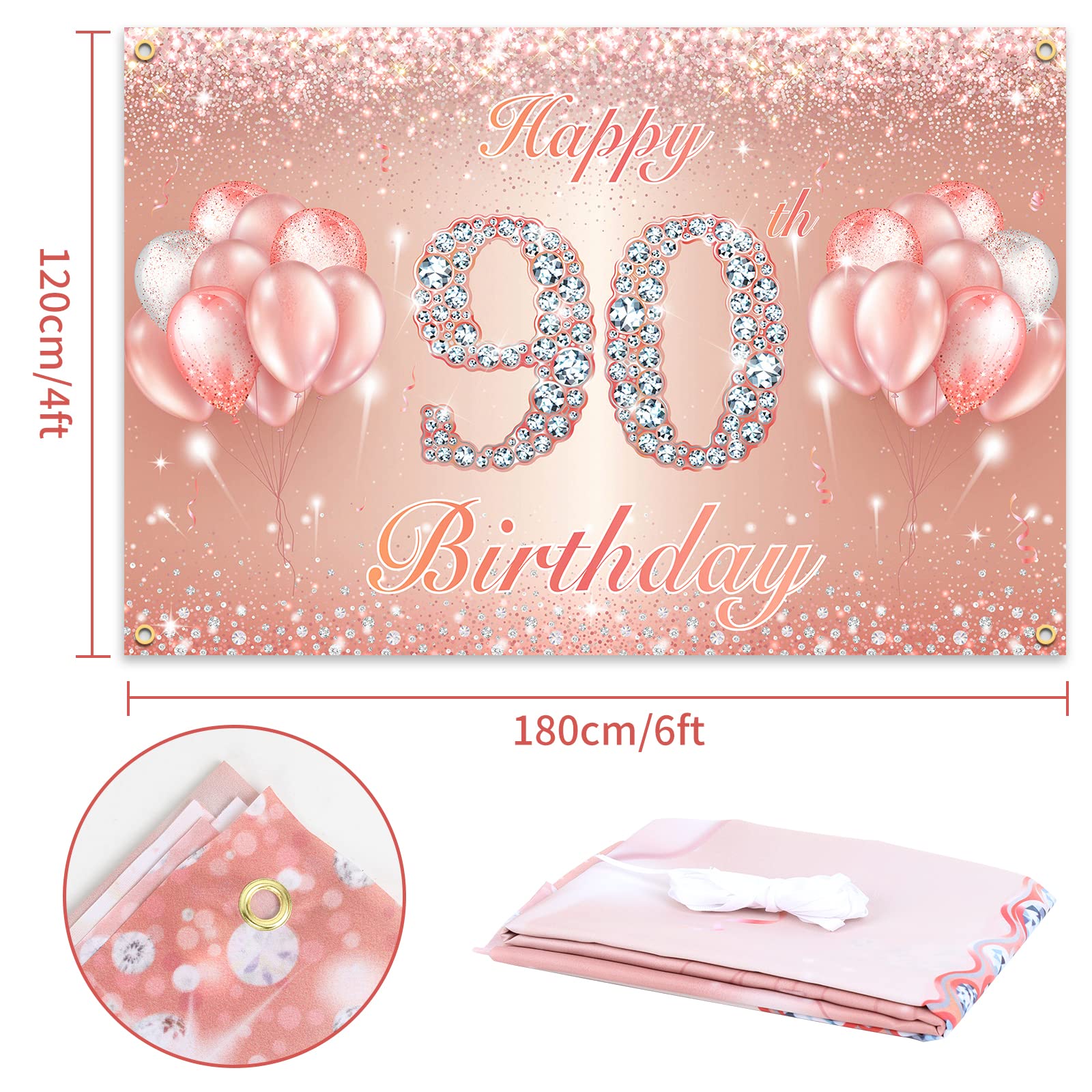 Happy 90Th Birthday Banner Backdrop - 90 Birthday Party Decorations Supplies For Women Or Men - Rose Gold 4 X 6Ft