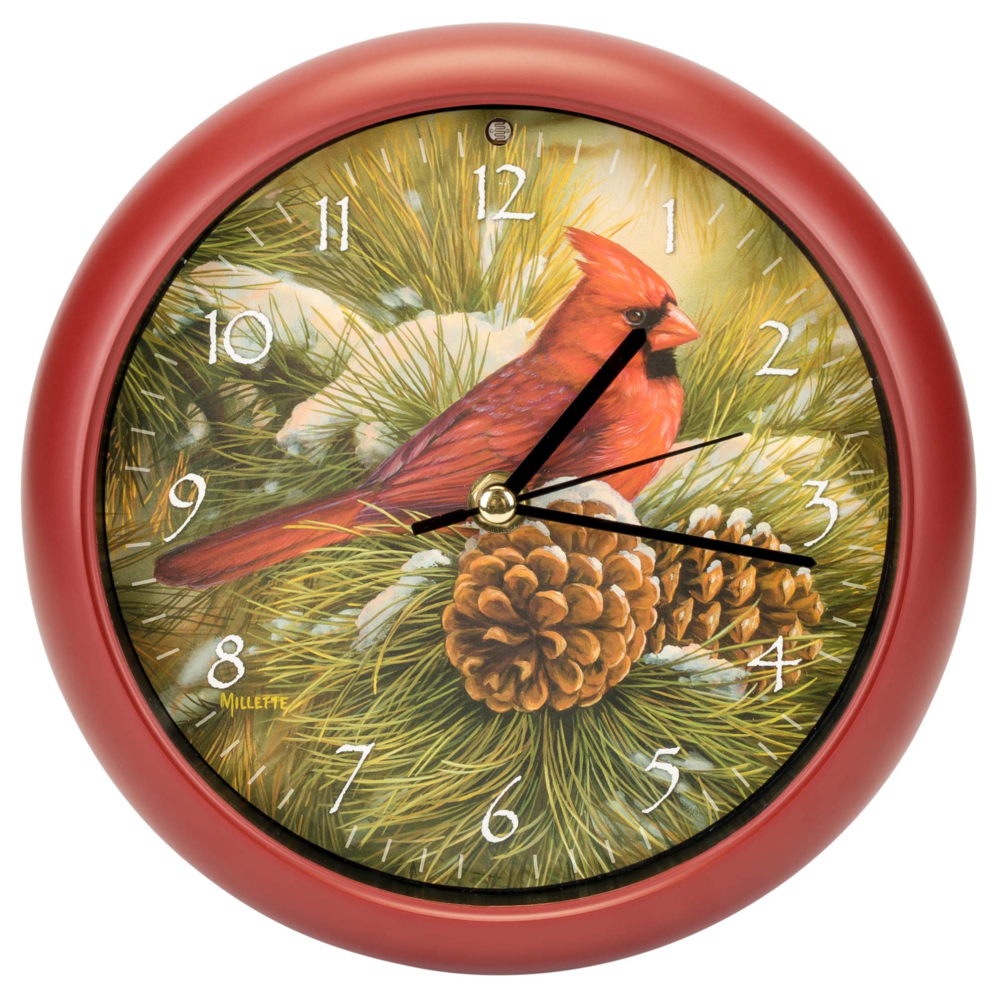 Mark Feldstein Wild Wings December Dawn Cardinal Round Red Frame 8 Inch Bird Sound Wall Clock