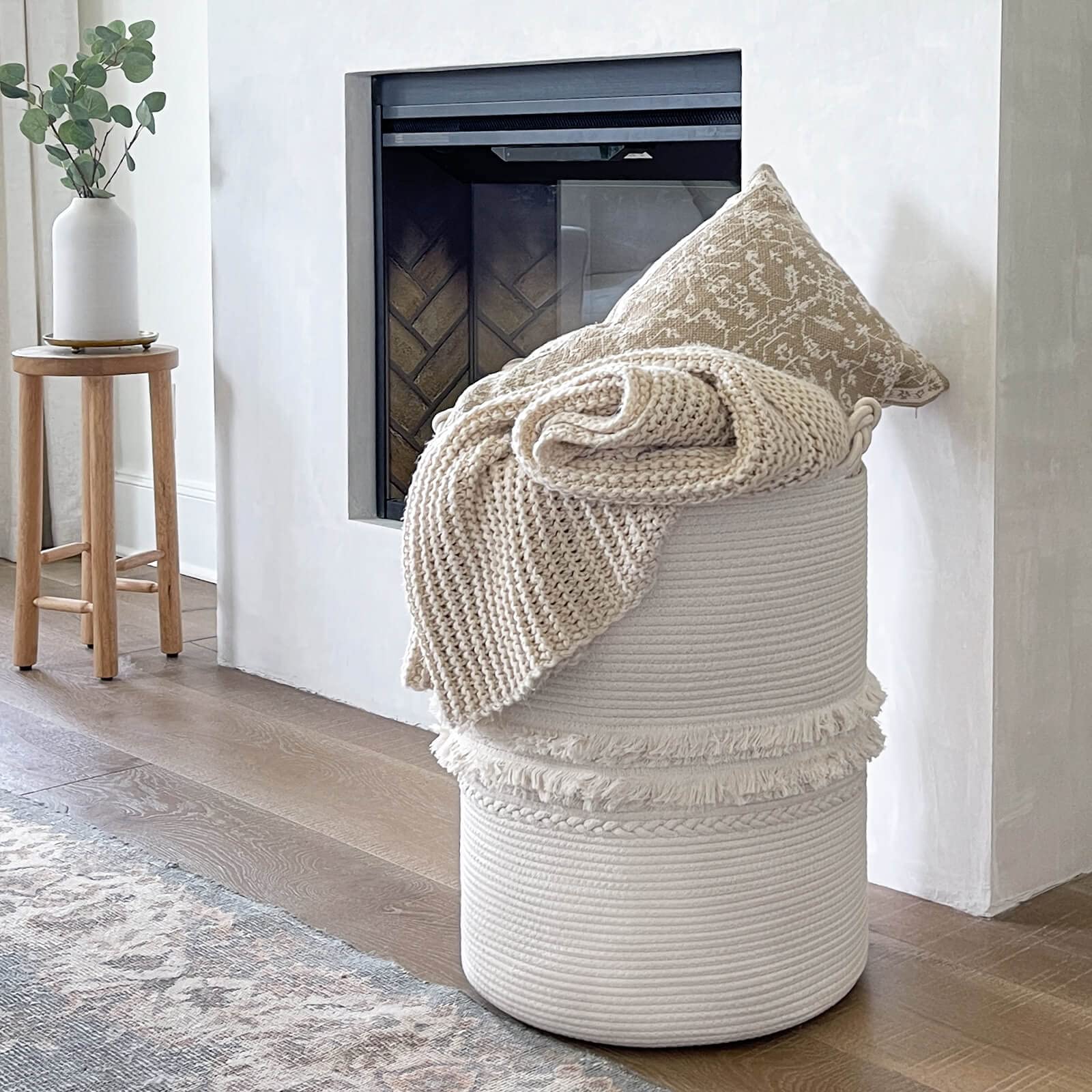 Cherrynow Baby Laundry Hamper For Nursery, Tall Laundry Basket For Laundry Room, White Woven Storage Basket For Clothes, Toys, T