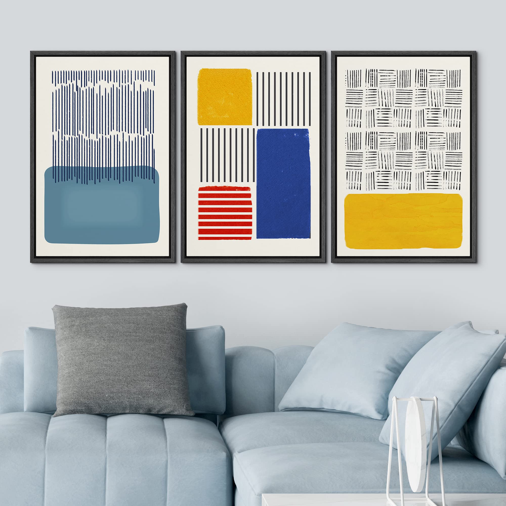 Idea4Wall Framed Canvas Print Wall Art Set Mid-Century Color Block Black Stripe Collage Abstract Shapes Illustrations Minimalism