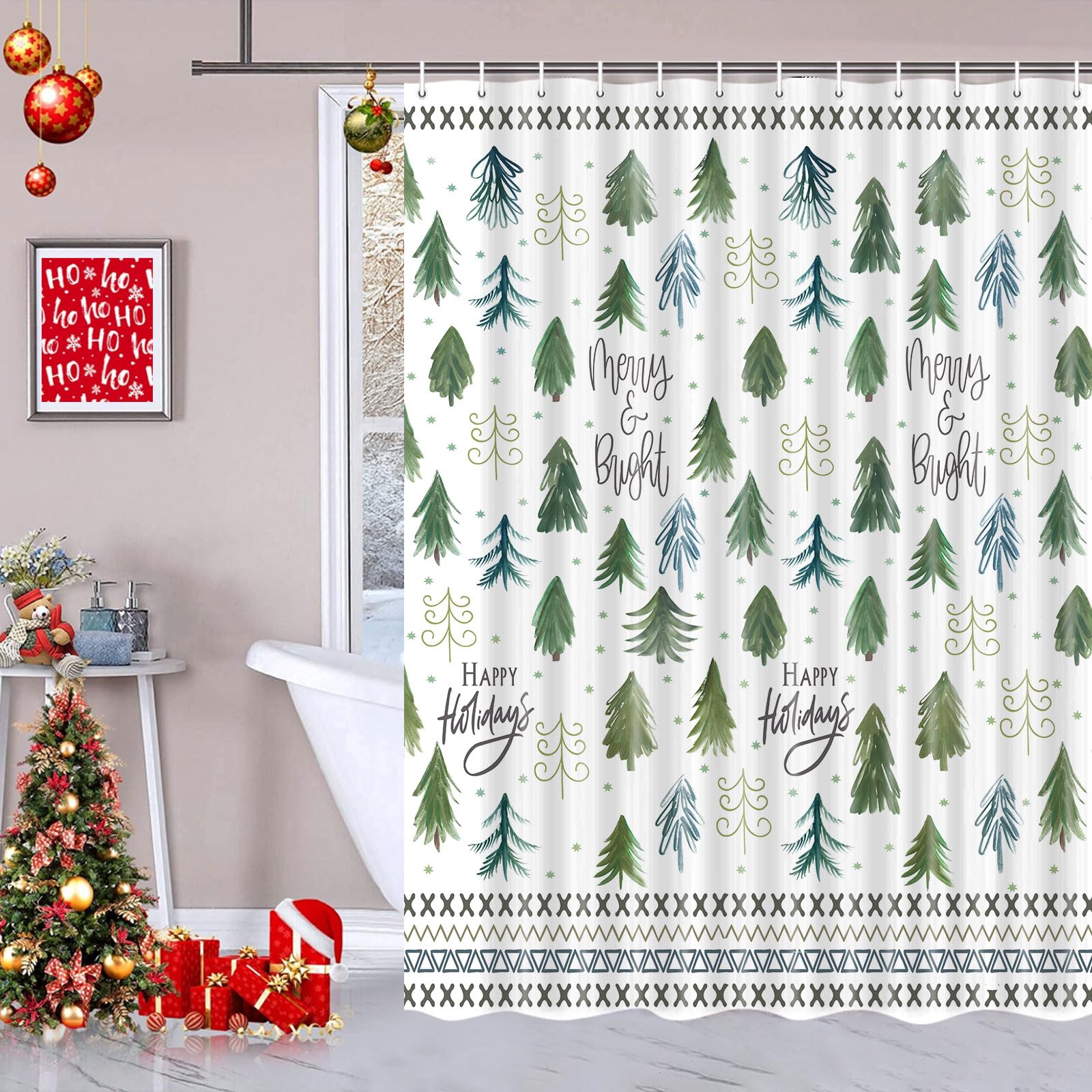 Wathon Winter Shower Curtain Green Christmas Tree Winter Snow Forest Bathroom Decor Teal Green Pine Tree Bath Curtain Winter Nat