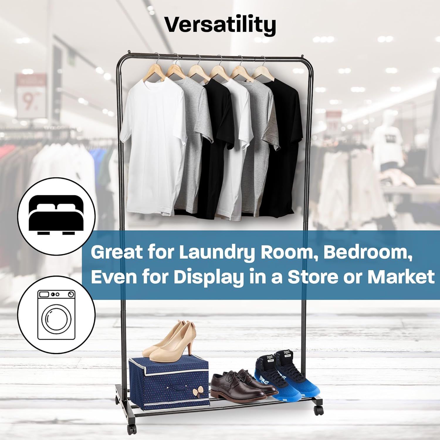 Heavy Duty Rolling Garment Rack with 5-Tier Shoe Storage