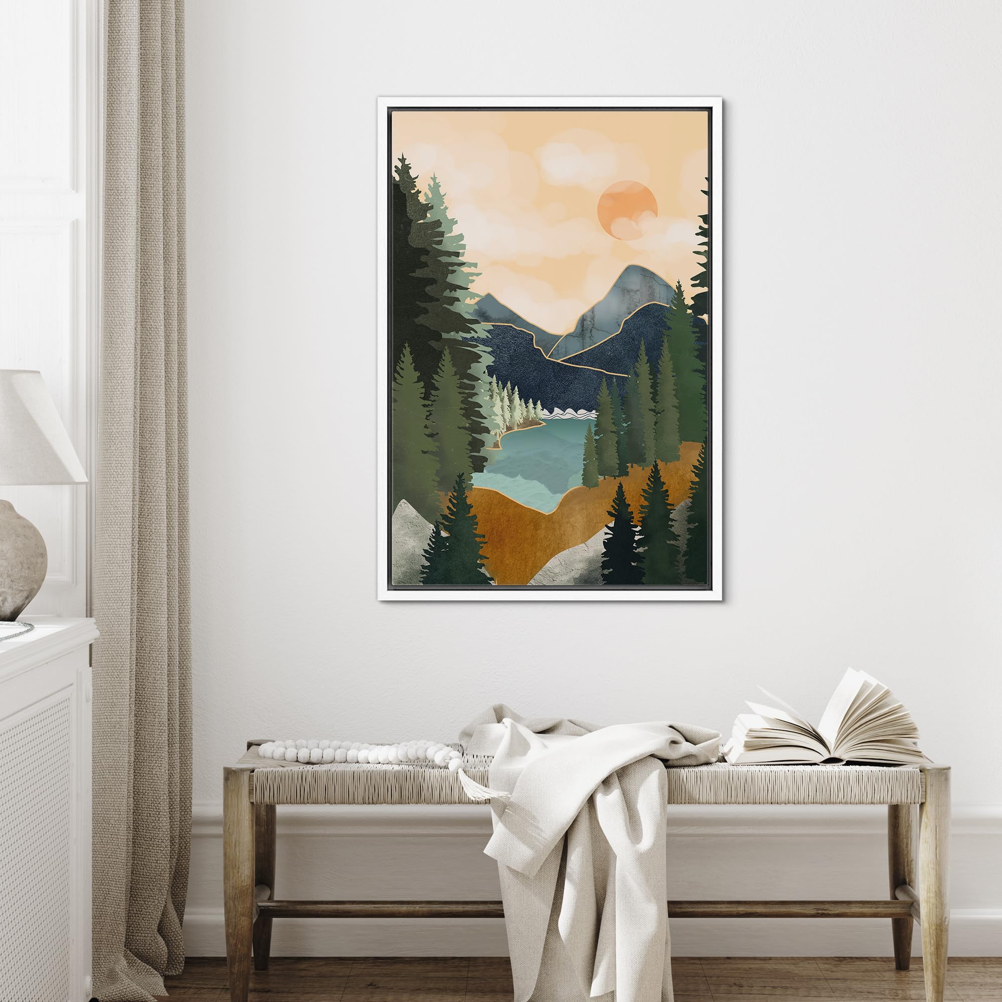 Signford Framed Canvas Print Wall Art Sun Mountain Pine Tree Lake Nature Wilderness Illustrations Modern Art Decorative Rustic R