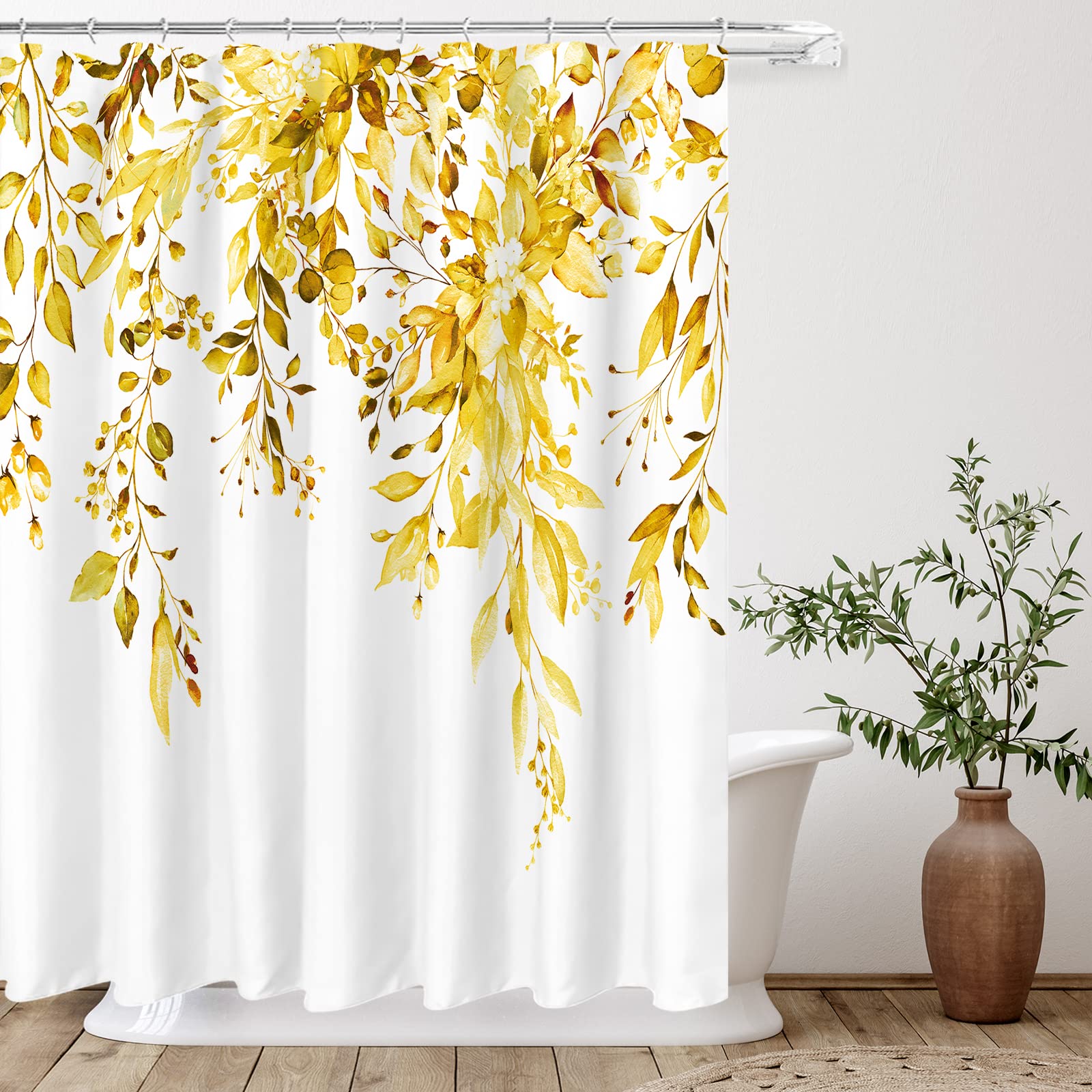Tititex Yellow Eucalyptus Shower Curtain, Watercolor Bright Leaves On The Top Plant With Floral Bathroom Decoration Shower Curta