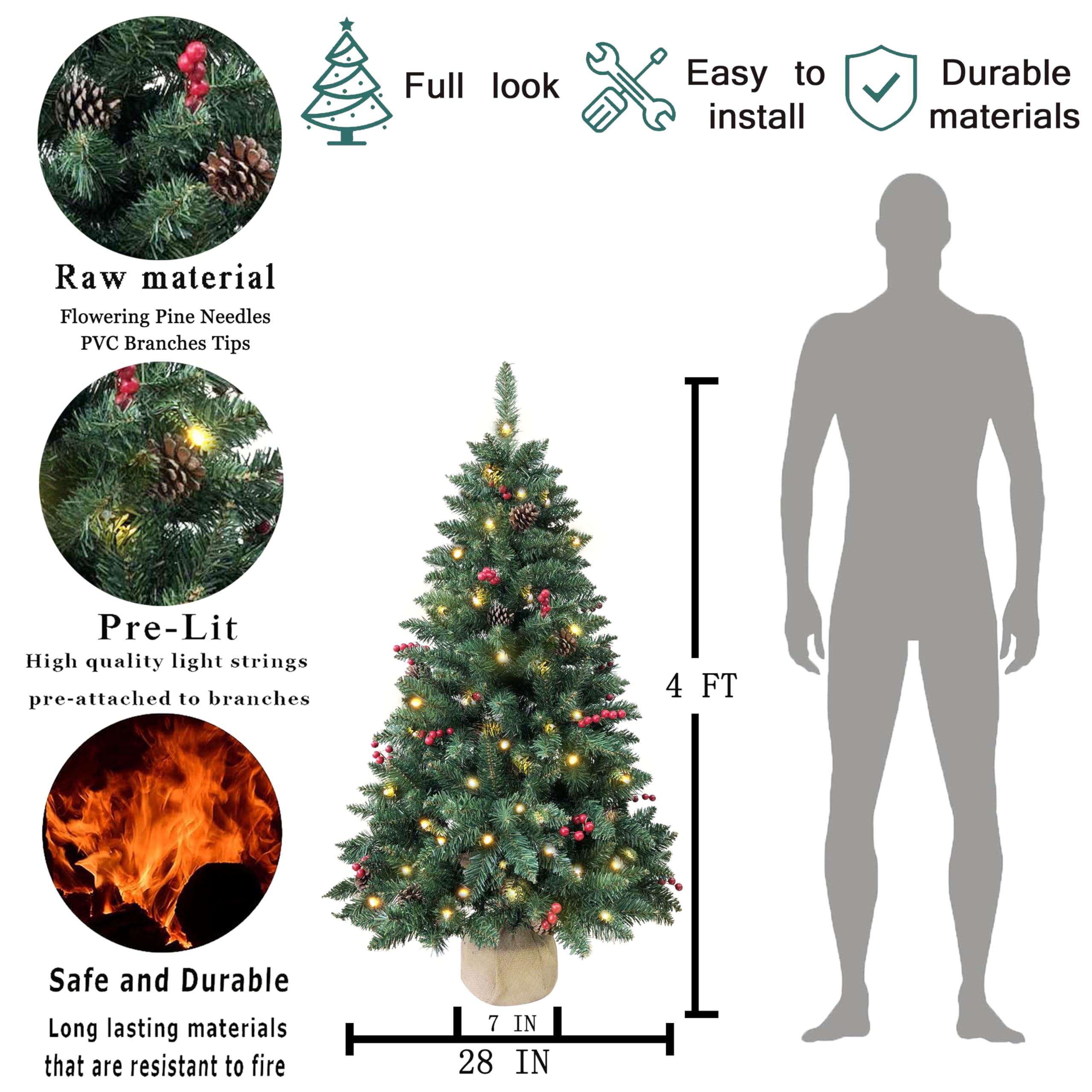 SZCXTOP 4ft Pre-lit Christmas Tree,Artificial Pine 300 PVC Branches Tips with 20 Red Berries & 20 Pinecone & 100 LED Lights & Bu