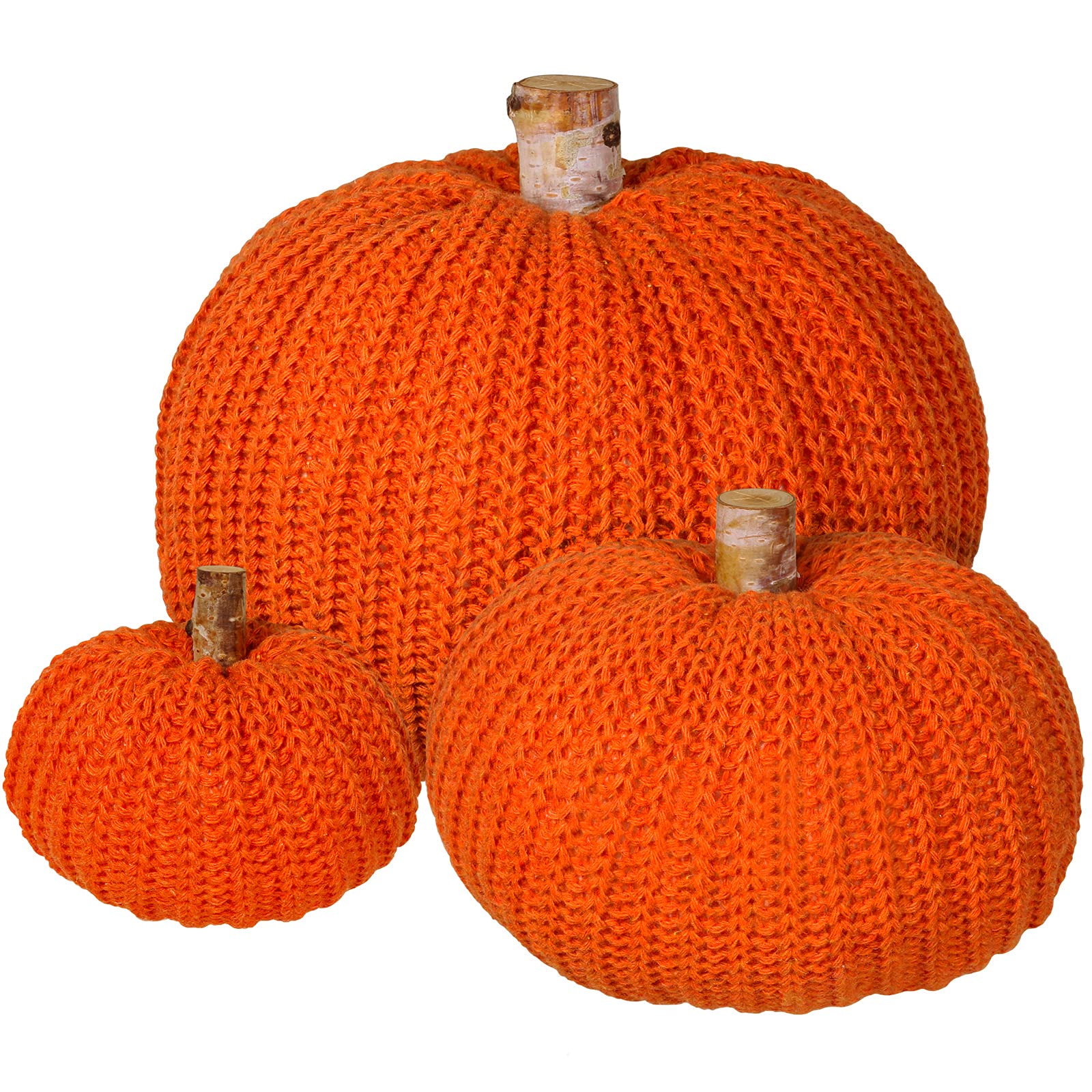 Set of 3 Faux Fall Decorative Orange Pumpkins Crochet Pumpkins Knit Pumpkins Foam Pumpkins for Rustic Farmhouse Thanksgiving Har