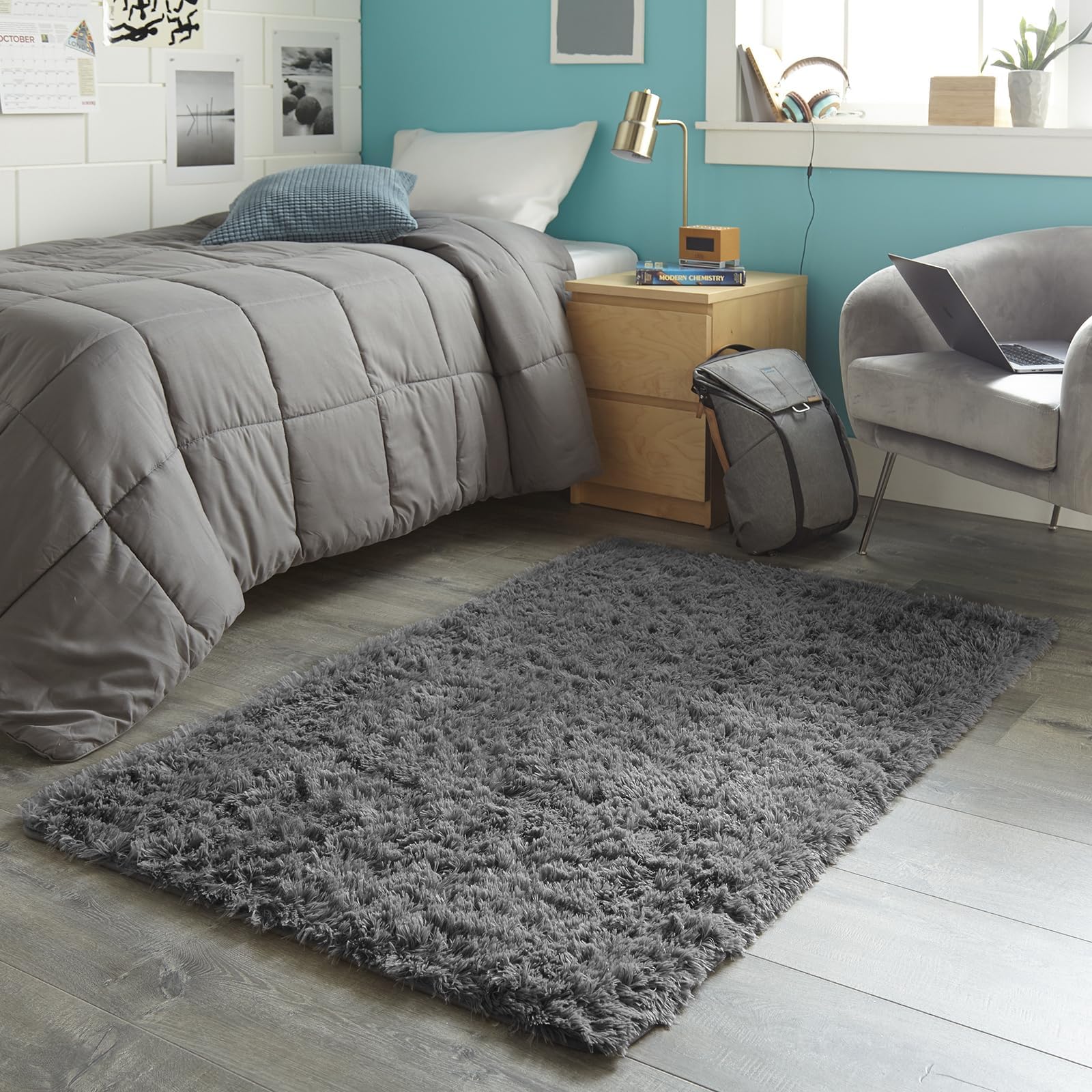 Ophanie 3x5 Rug, Bedside Preppy Dorm Area Rug, College Essentials Non Slip Grey Small Carpets for Bedroom, Anti Slip Fluffy Gray