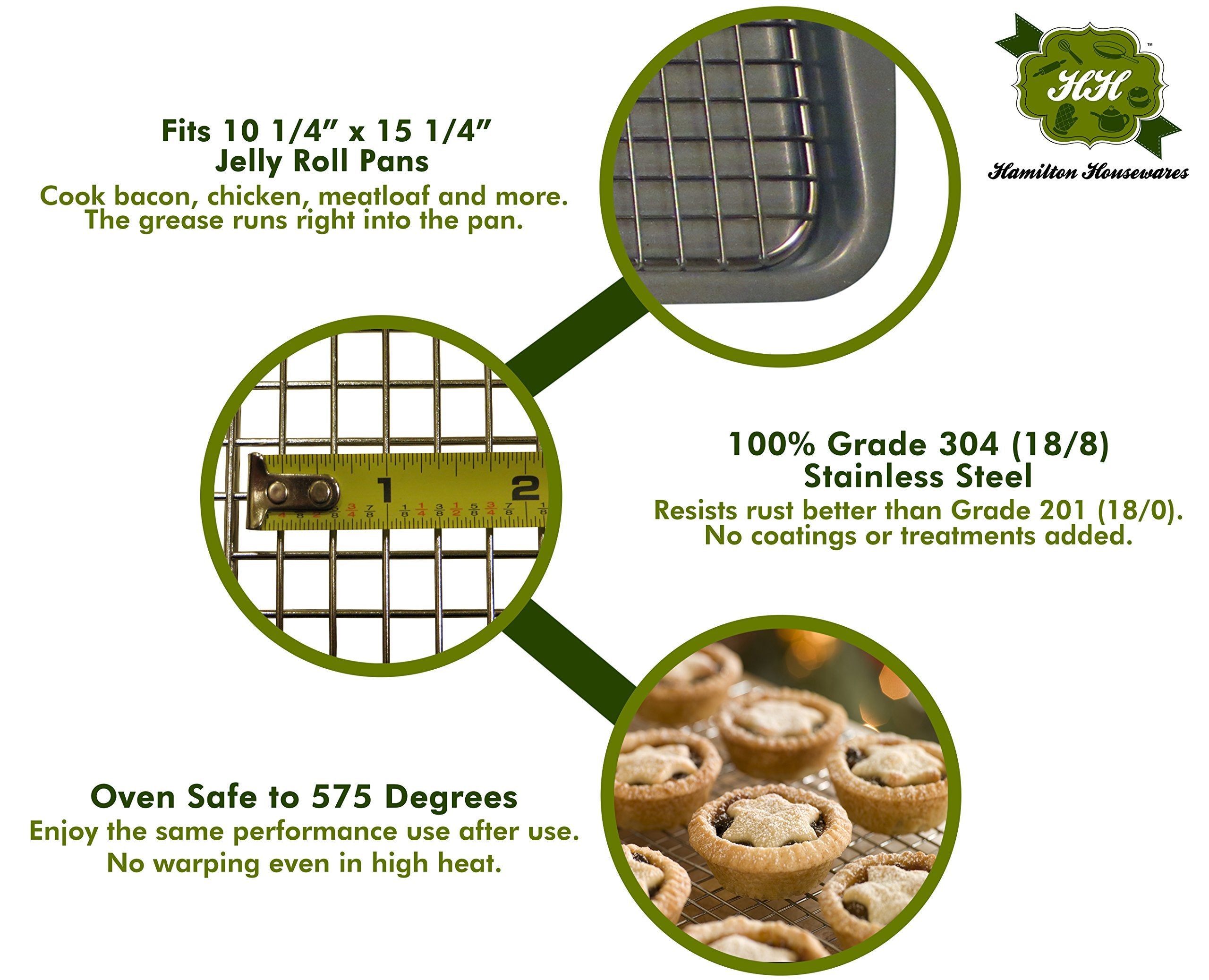 Hamilton Housewares Stainless Steel Cooling Rack - Heavy Duty and Oven Safe  Good for Cooling  Baking and Roasting - Fits 15 1/4'' X 10 1/4'' Baking Pans - Perfect for Cookies  Cakes & More (10'' x 15'')